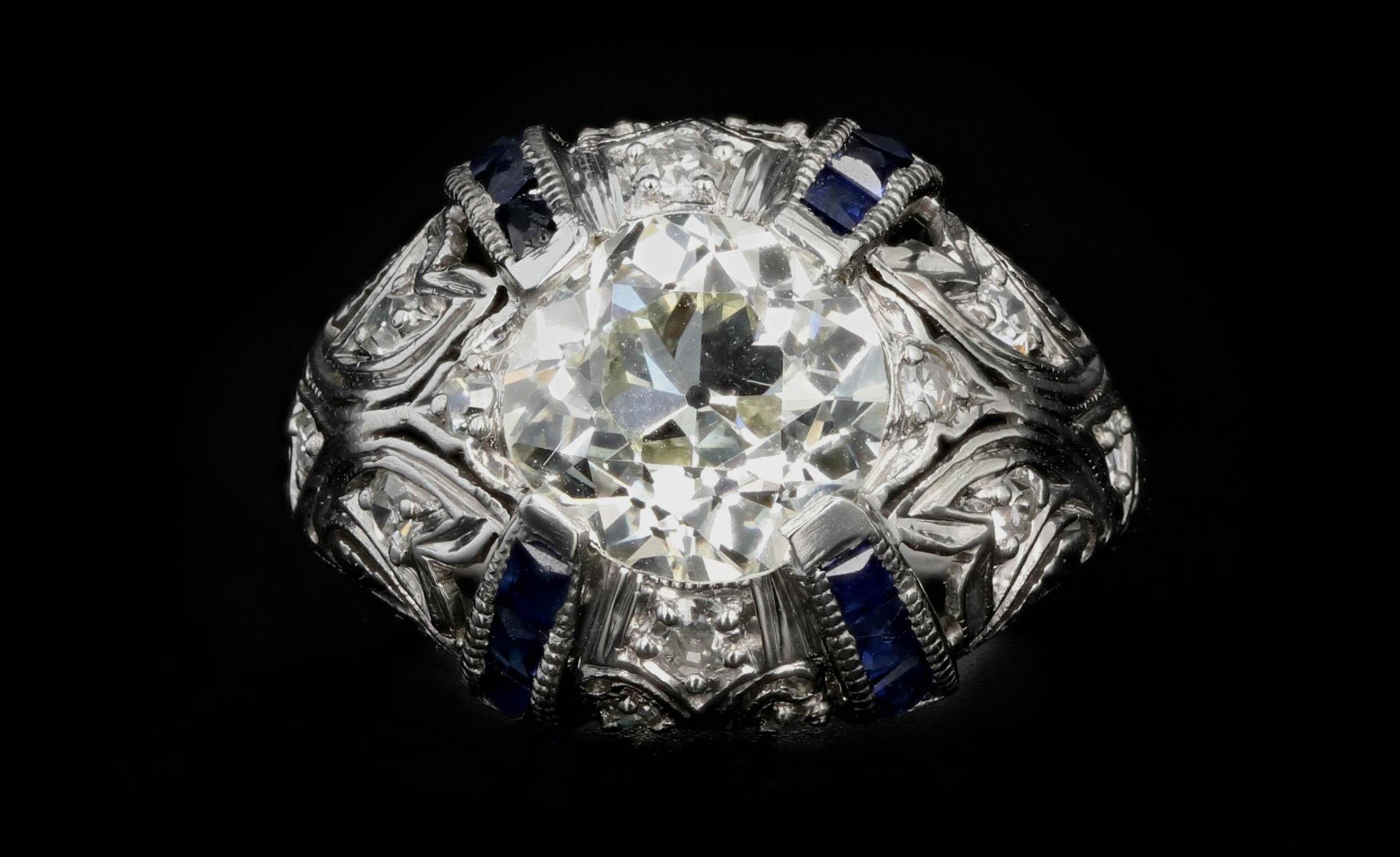 Women's Art Deco Platinum 2 Carat Old European Cut Diamond and Sapphires Engagement Ring