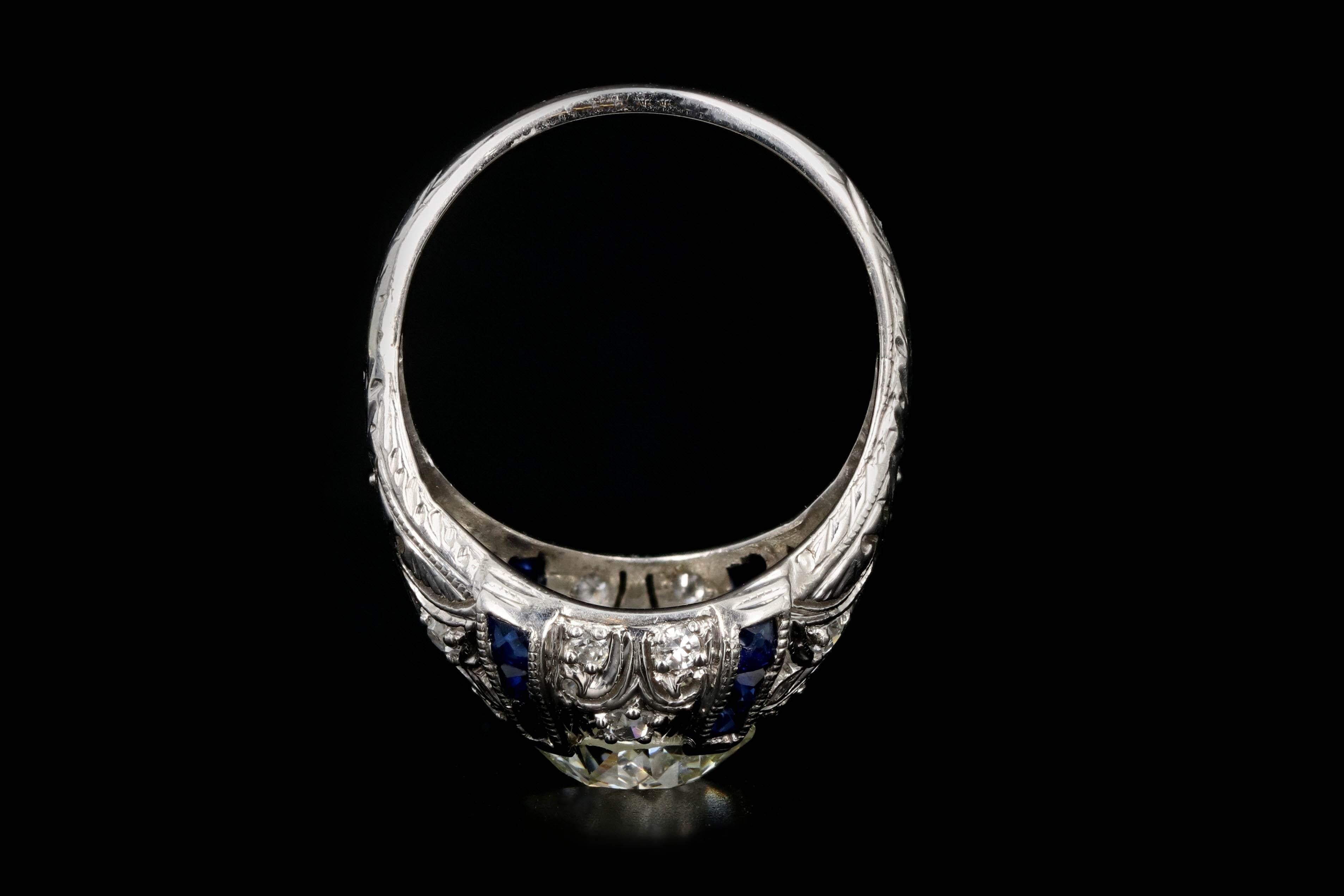 Art Deco Platinum 2 Carat Old European Cut Diamond and Sapphires Engagement Ring 1