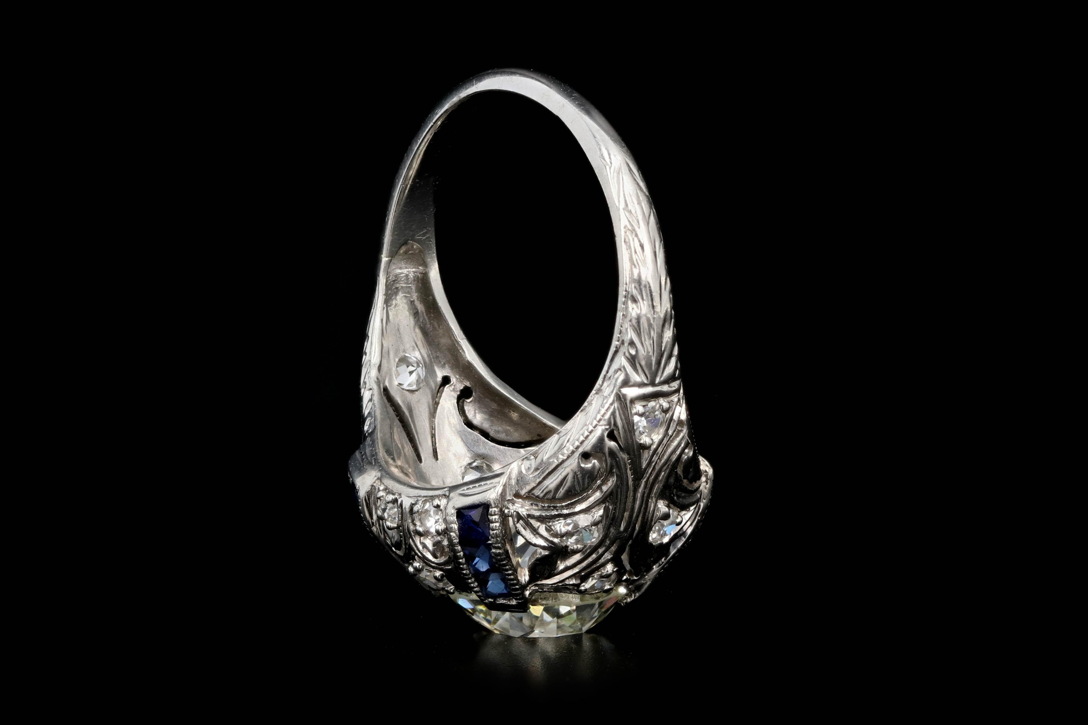 Art Deco Platinum 2 Carat Old European Cut Diamond and Sapphires Engagement Ring 2