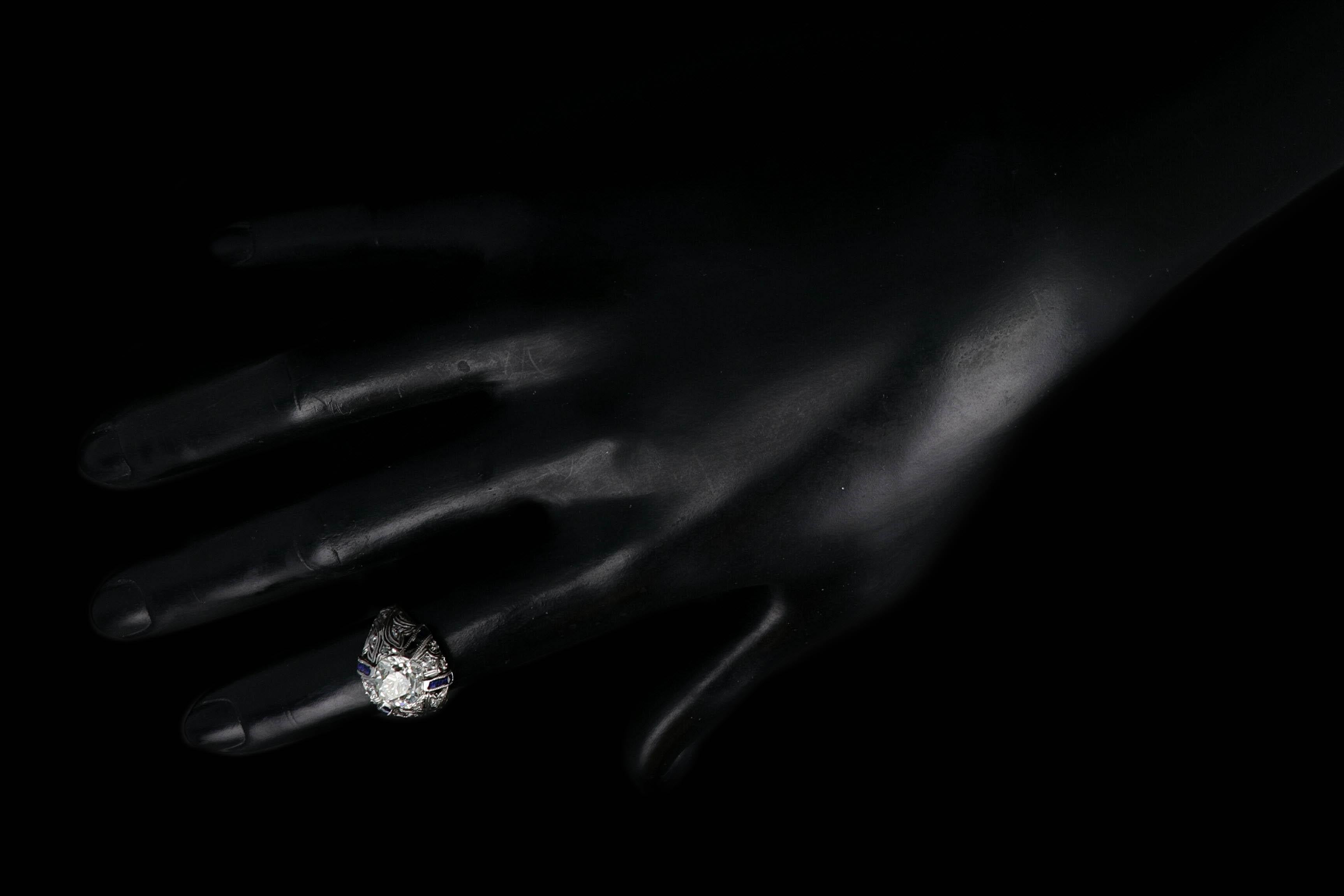 Art Deco Platinum 2 Carat Old European Cut Diamond and Sapphires Engagement Ring 3