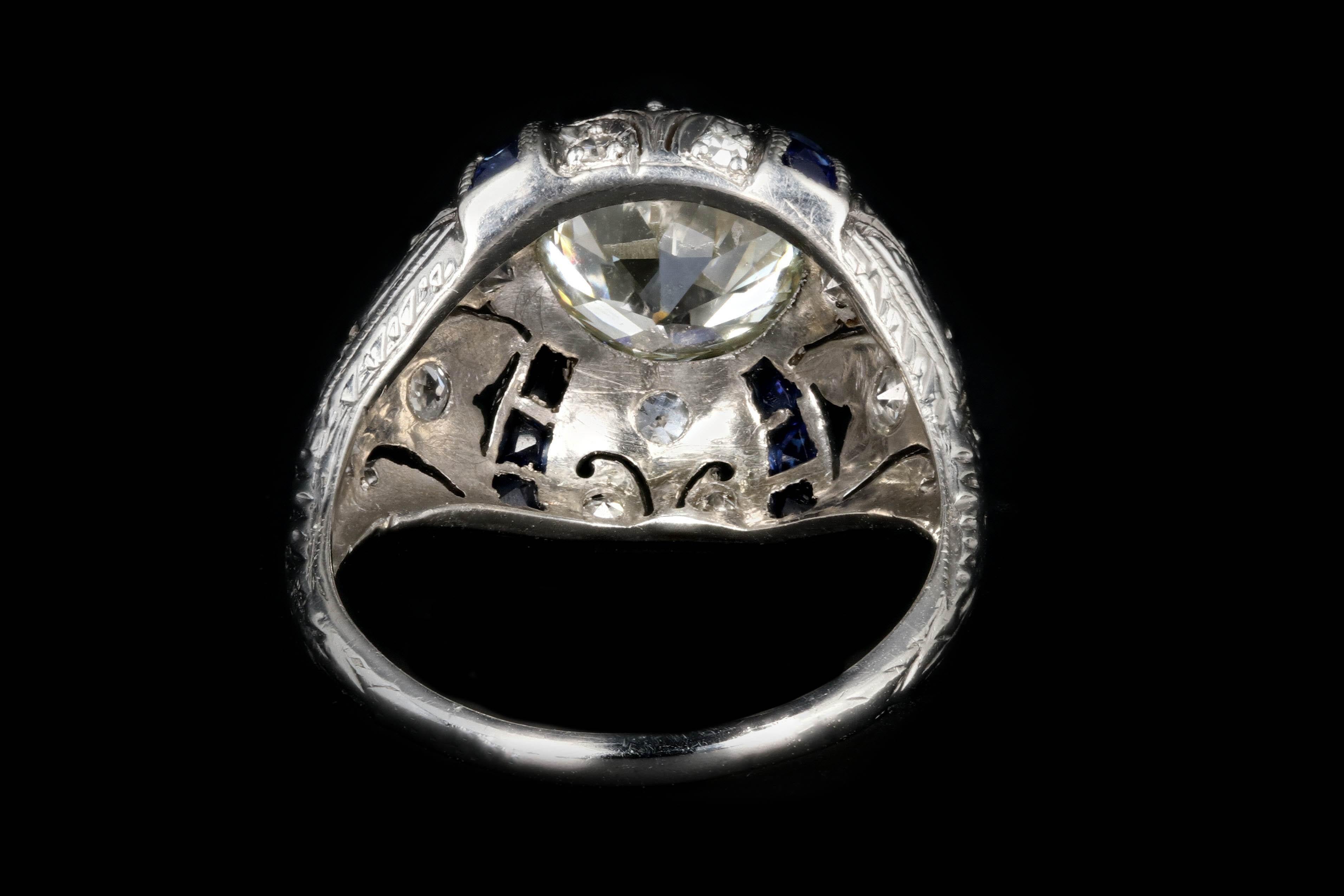 Art Deco Platinum 2 Carat Old European Cut Diamond and Sapphires Engagement Ring 4