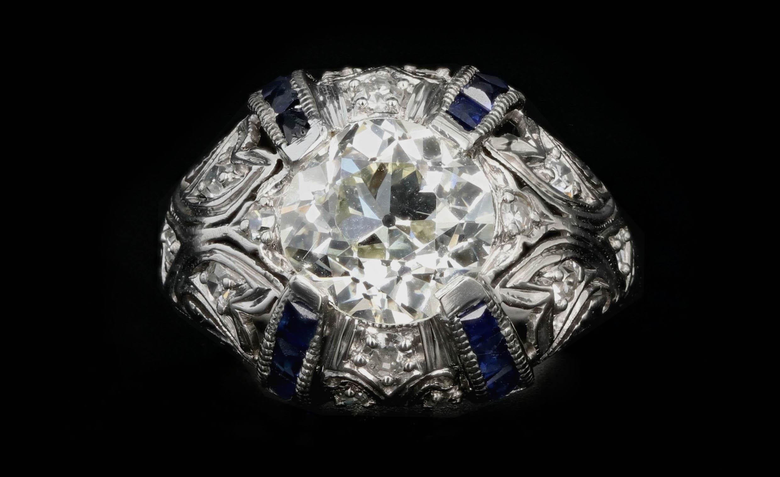 Art Deco Platinum 2 Carat Old European Cut Diamond and Sapphires Engagement Ring 5