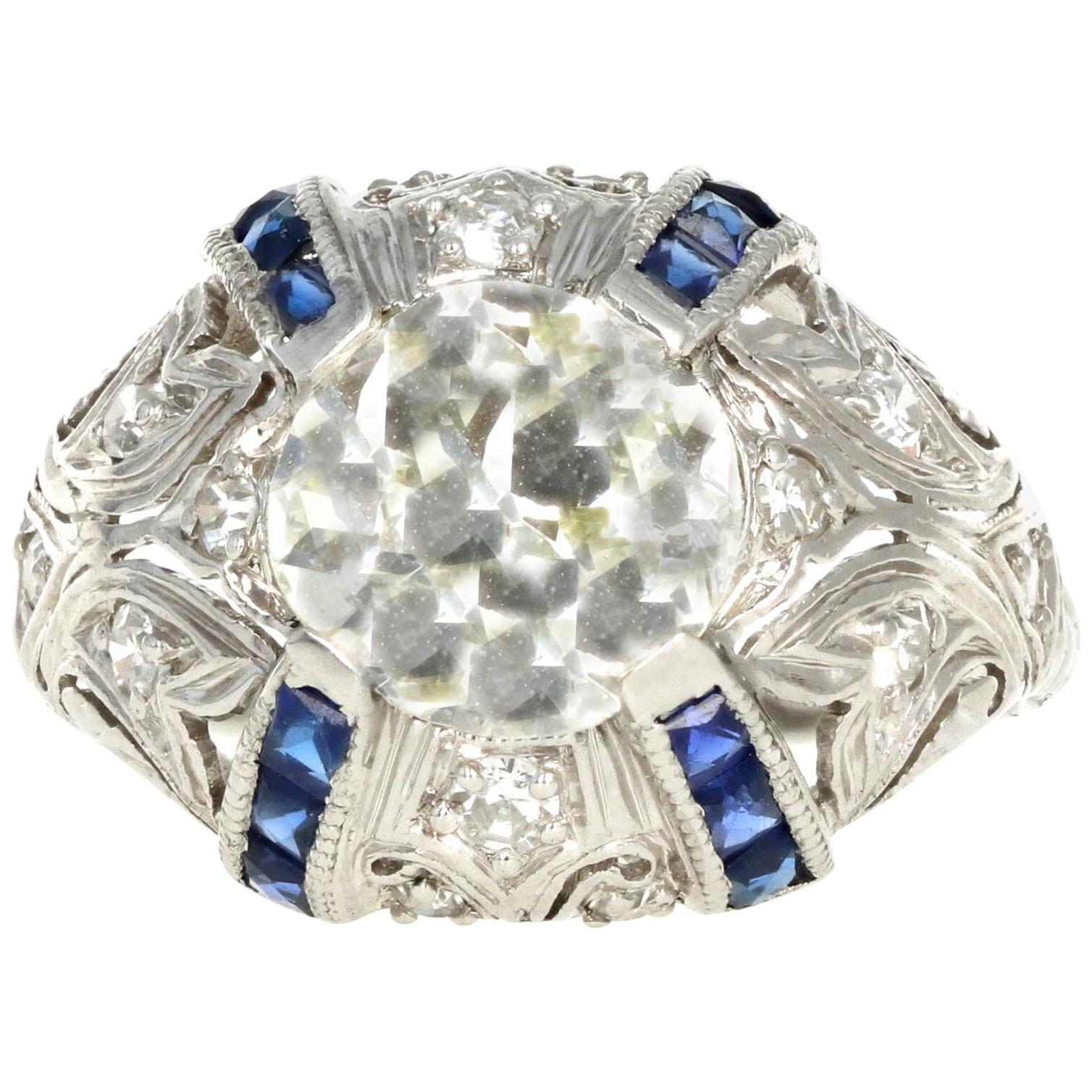 Art Deco Platinum 2 Carat Old European Cut Diamond and Sapphires Engagement Ring