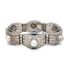 Pulsera Art Decó de platino con diamantes, zafiros y perlas naturales de 20,00 quilates
