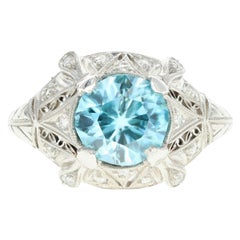 Art Deco Platinum 2.1 Carat Blue Zircon and Diamond Ring