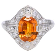 Anillo Art Decó de platino con zafiro naranja vivo de 2,12 ct y diamantes de 0,45 qt