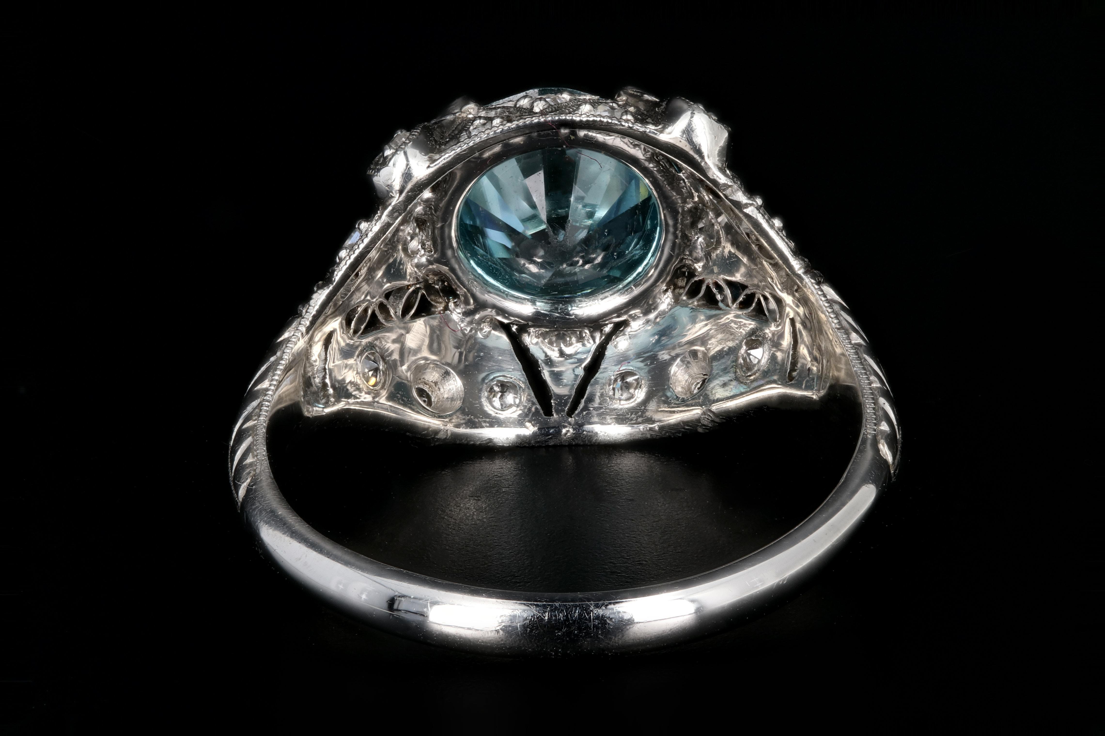 Art Deco Platinum 2.1 Carat Blue Zircon and Diamond Ring In Excellent Condition In Cape May, NJ