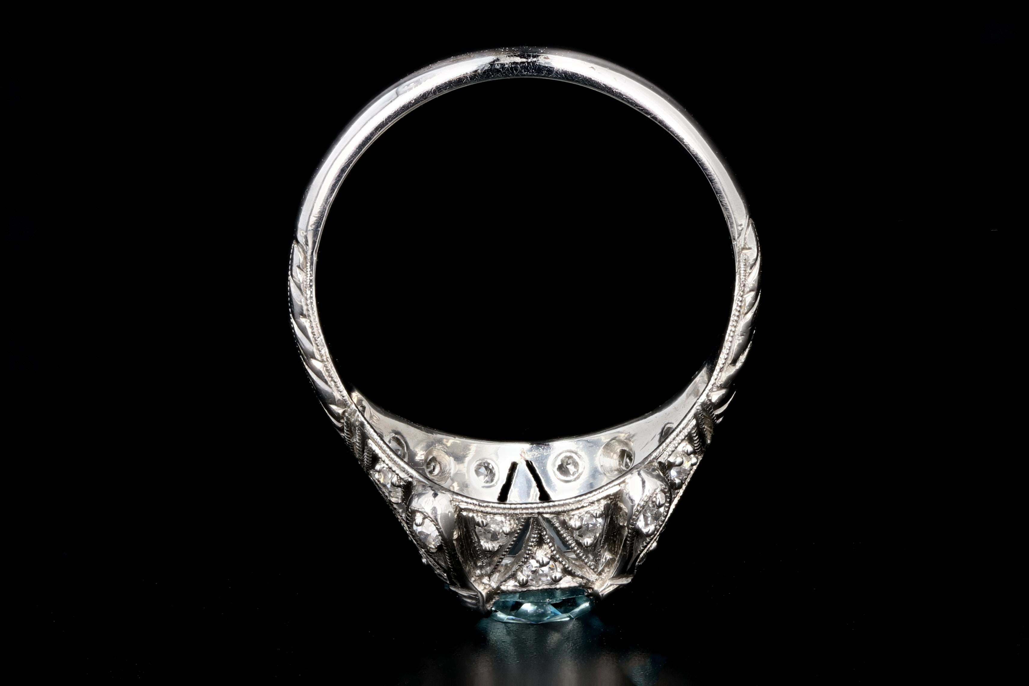 Women's Art Deco Platinum 2.1 Carat Blue Zircon and Diamond Ring