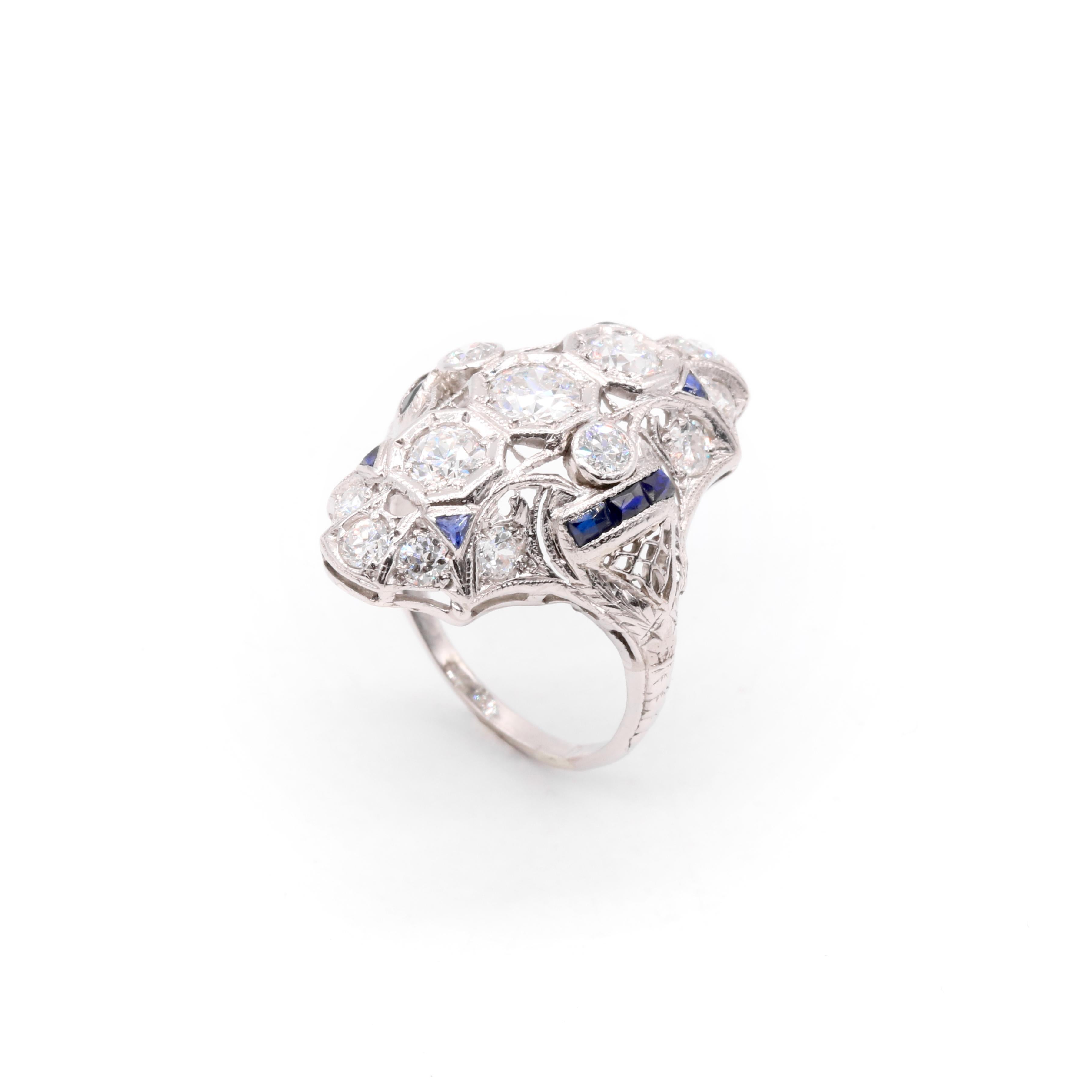 Art Deco Platin 2,28tgw Diamant und Saphir filigranen Panel Ring im Angebot 6