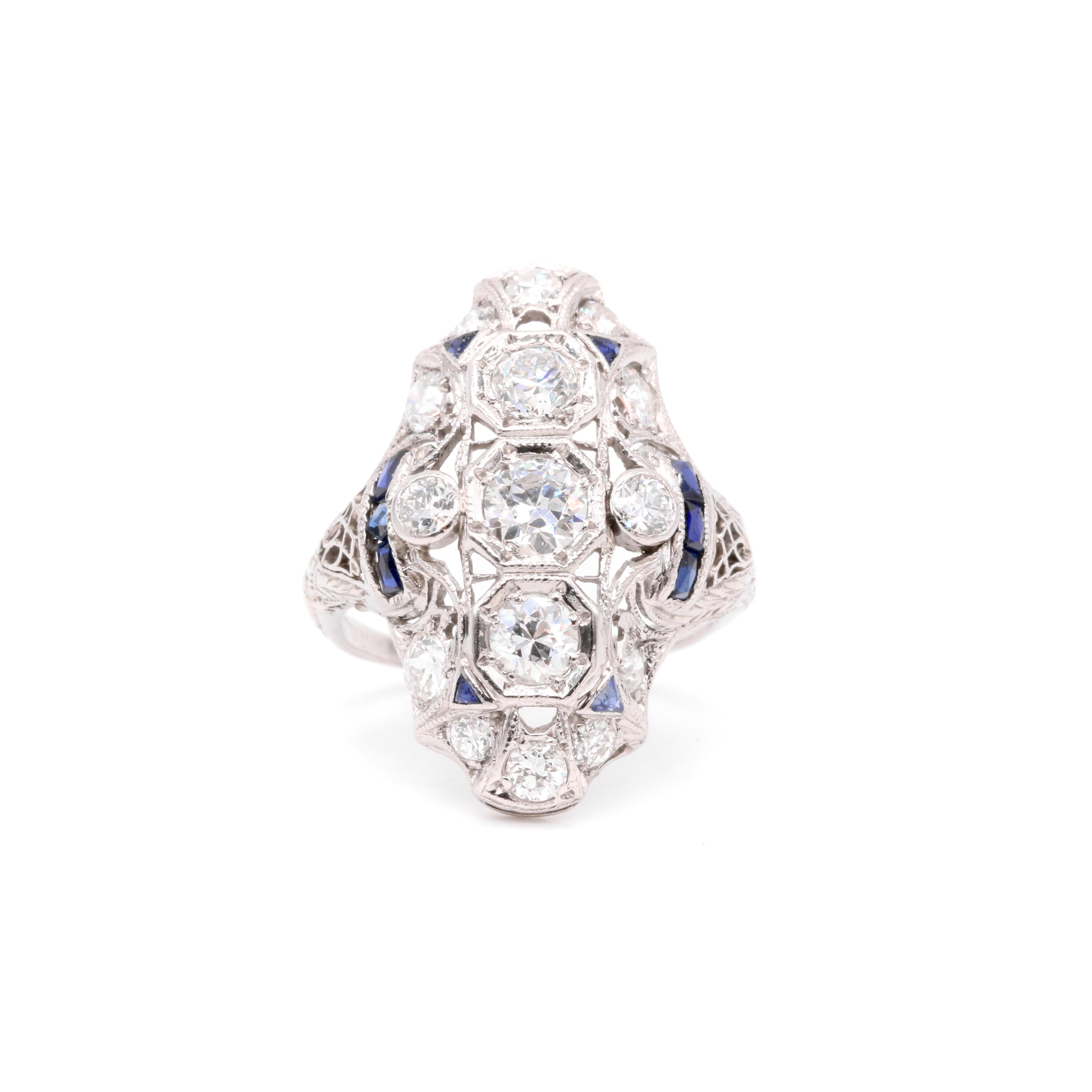 Art Deco Platin 2,28tgw Diamant und Saphir filigranen Panel Ring (Alteuropäischer Schliff) im Angebot