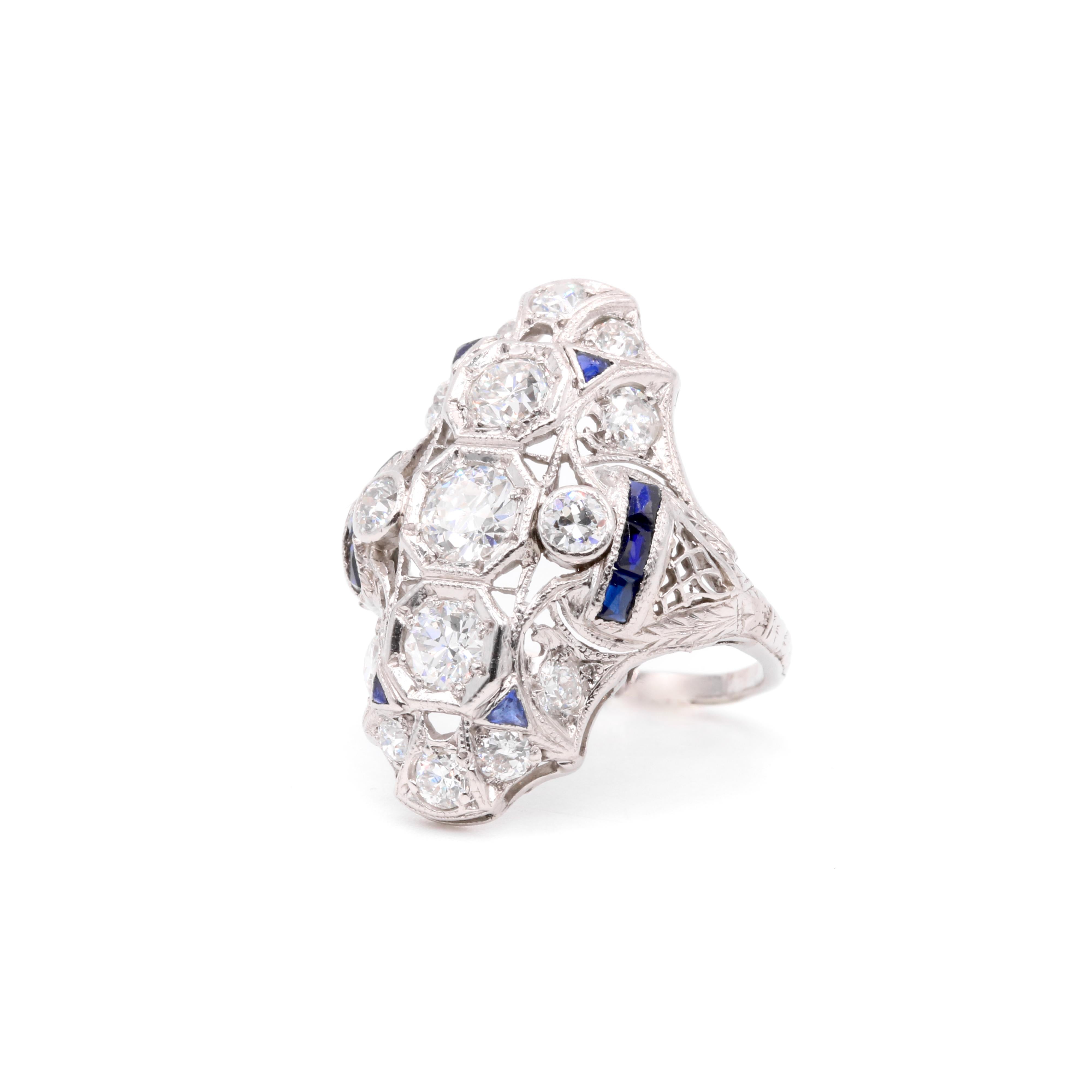 Art Deco Platin 2,28tgw Diamant und Saphir filigranen Panel Ring im Zustand „Gut“ im Angebot in Staines-Upon-Thames, GB