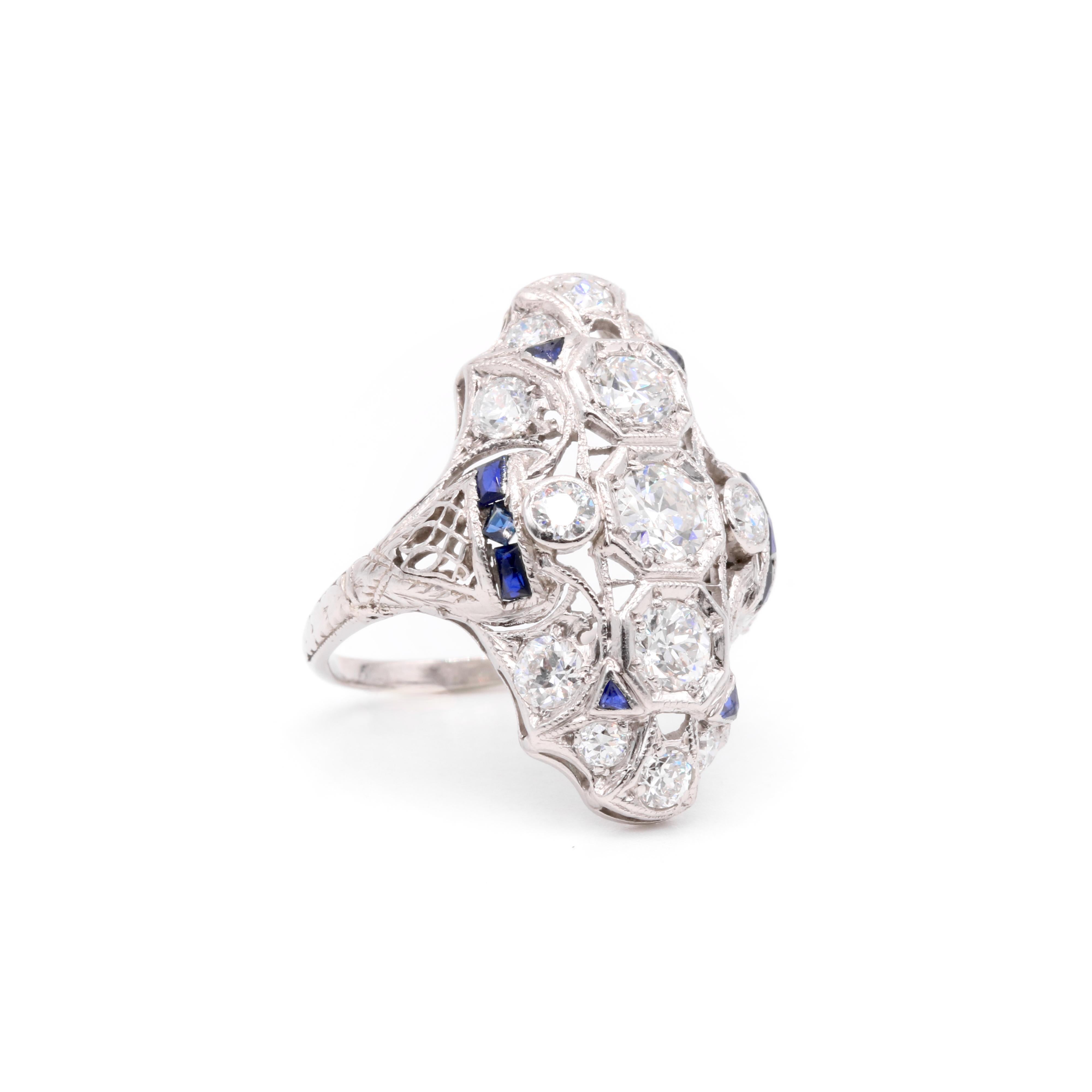 Art Deco Platin 2,28tgw Diamant und Saphir filigranen Panel Ring im Angebot 1