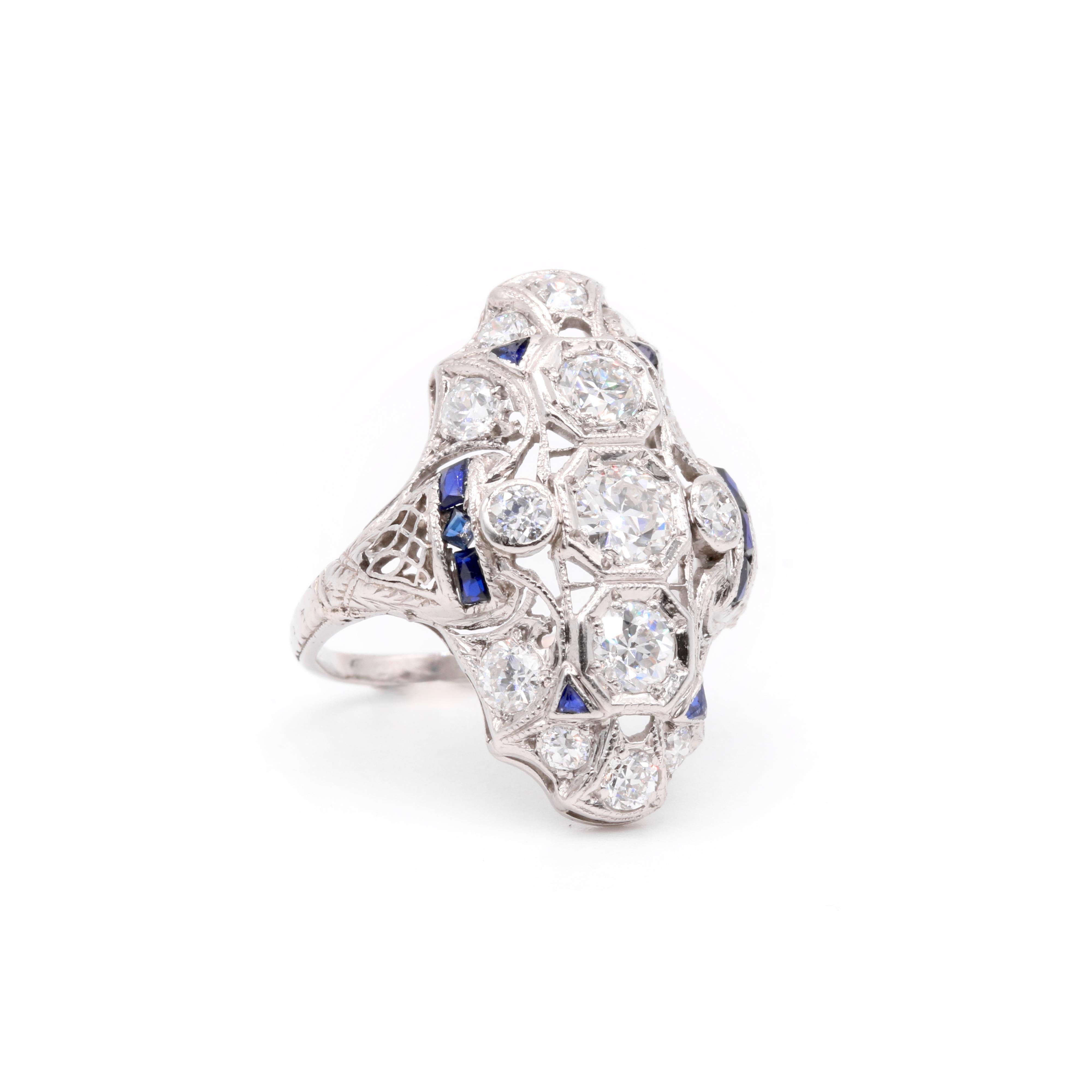 Art Deco Platin 2,28tgw Diamant und Saphir filigranen Panel Ring im Angebot 2