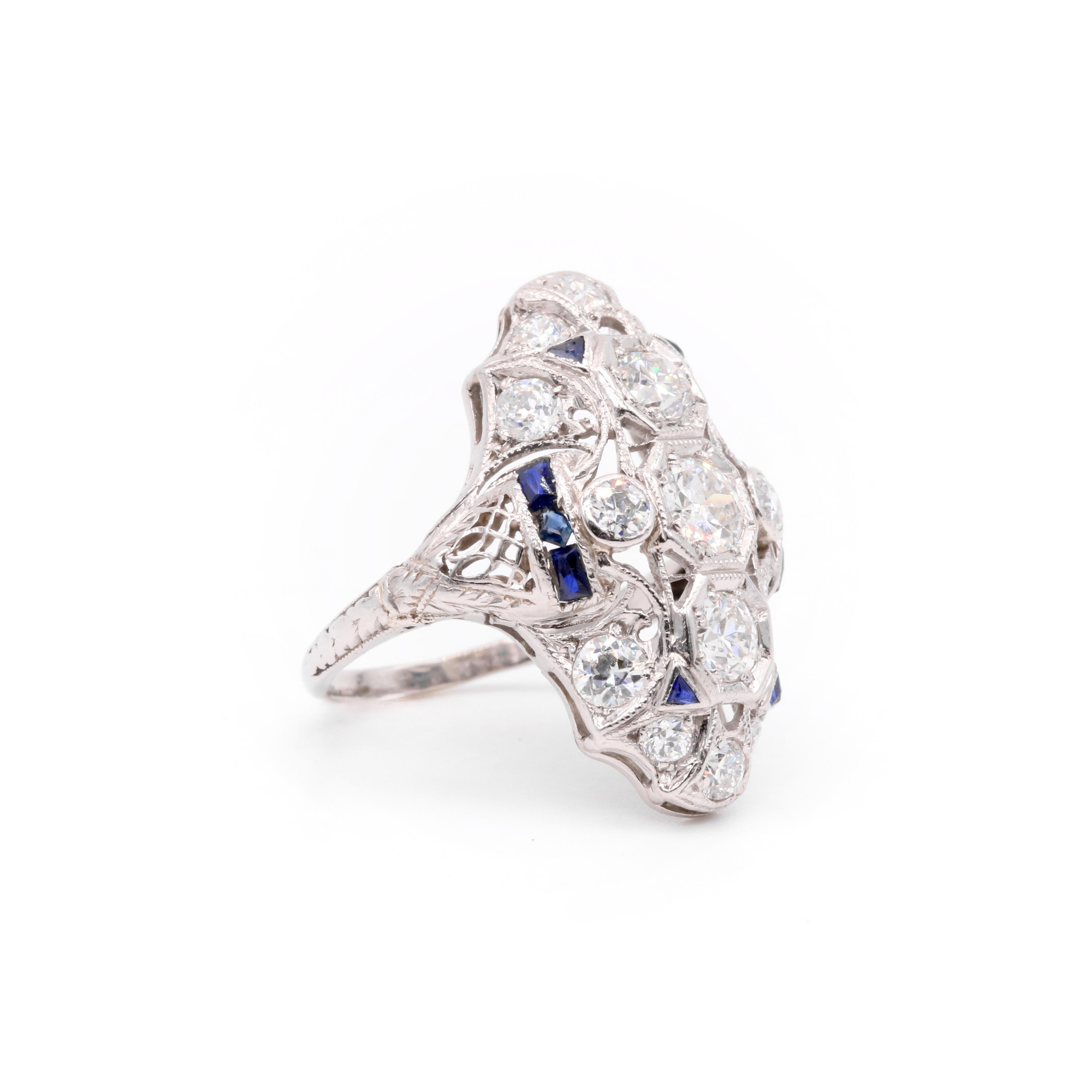 Art Deco Platin 2,28tgw Diamant und Saphir filigranen Panel Ring im Angebot 3