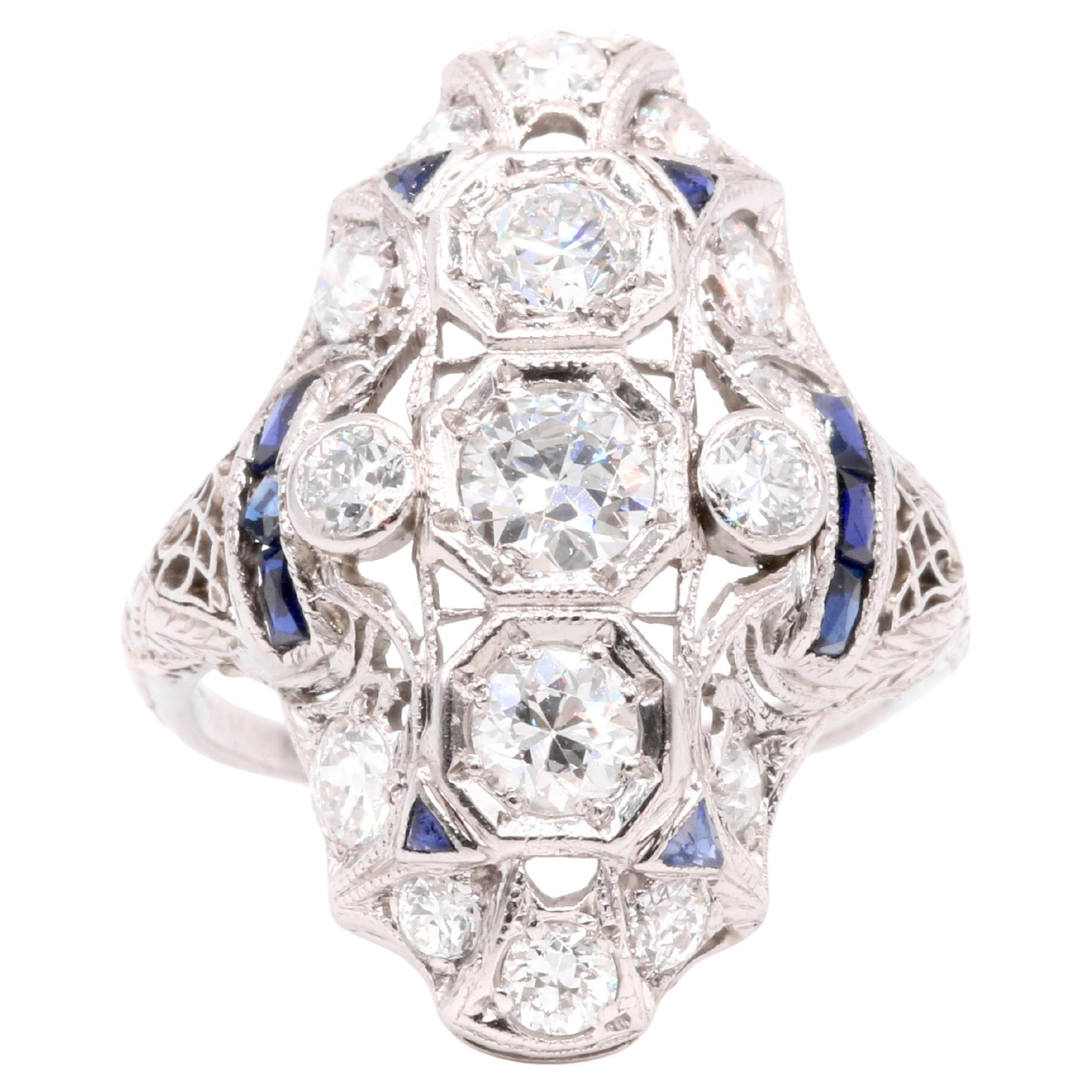 Art Deco Platin 2,28tgw Diamant und Saphir filigranen Panel Ring
