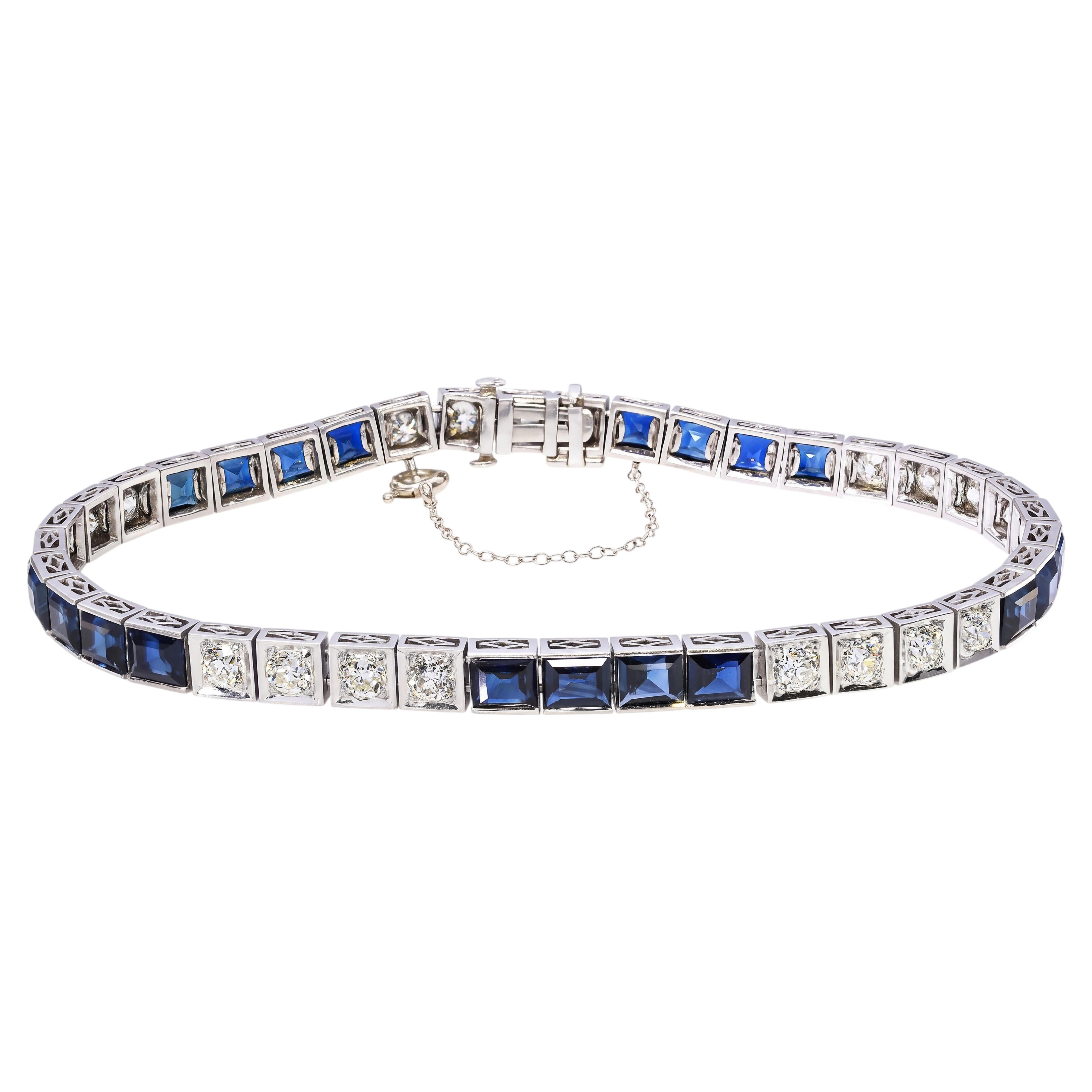Art Deco Platinum 2.2tcw Old Euro Diamond and Sapphire Line Bracelet