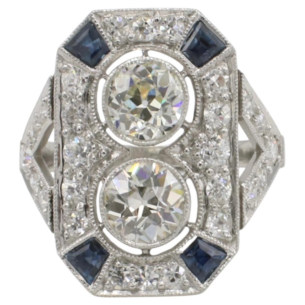 Art Deco Platinum 2.45 Carat Old European Cut Natural Diamond Two-Stone Ring