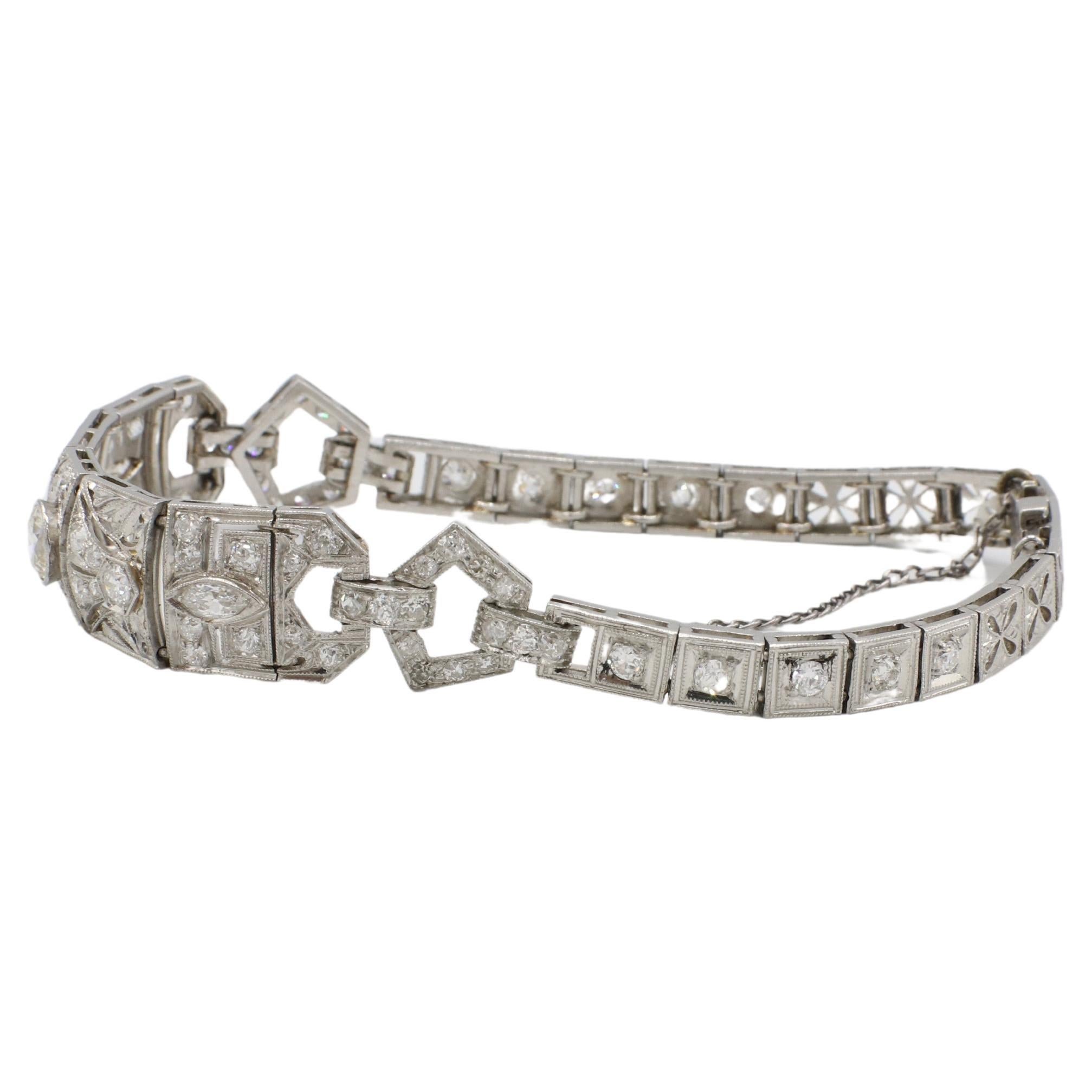 Art Deco Platinum 2.50 Carat Old European Cut Natural Diamond Bracelet 
Metal: Platinum
Weight: 19.14 grams
Length: Approx. 6.5 inches clasped
Width: 5 - 10.5mm
Diamonds: Approx. 2.50 CTW old european cut and marquise natural diamonds G-H VS
Note: