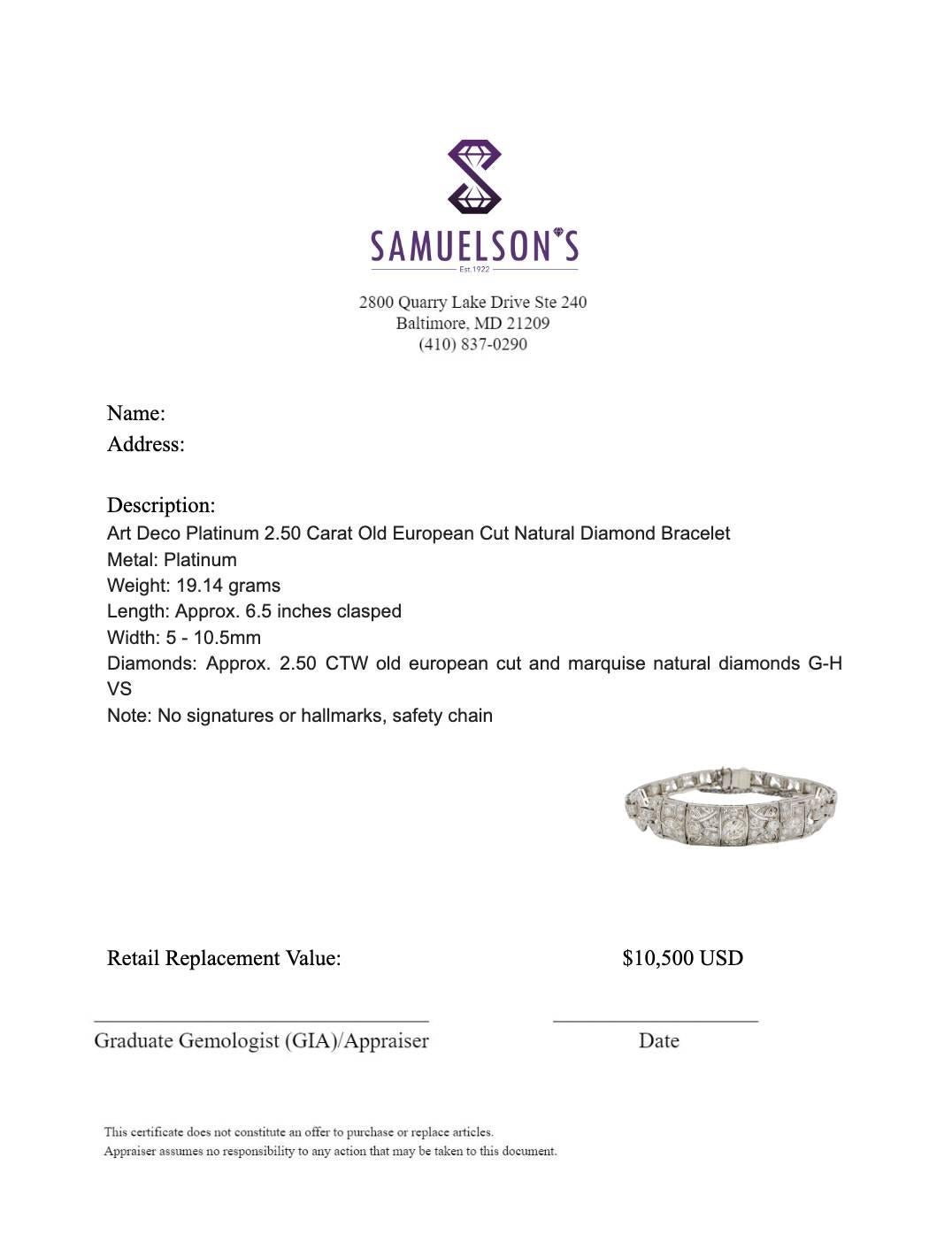 Art Deco Platin-Armband aus Platin mit 2,50 Karat natürlichen Diamanten im alteuropäischen Schliff  im Zustand „Hervorragend“ im Angebot in  Baltimore, MD