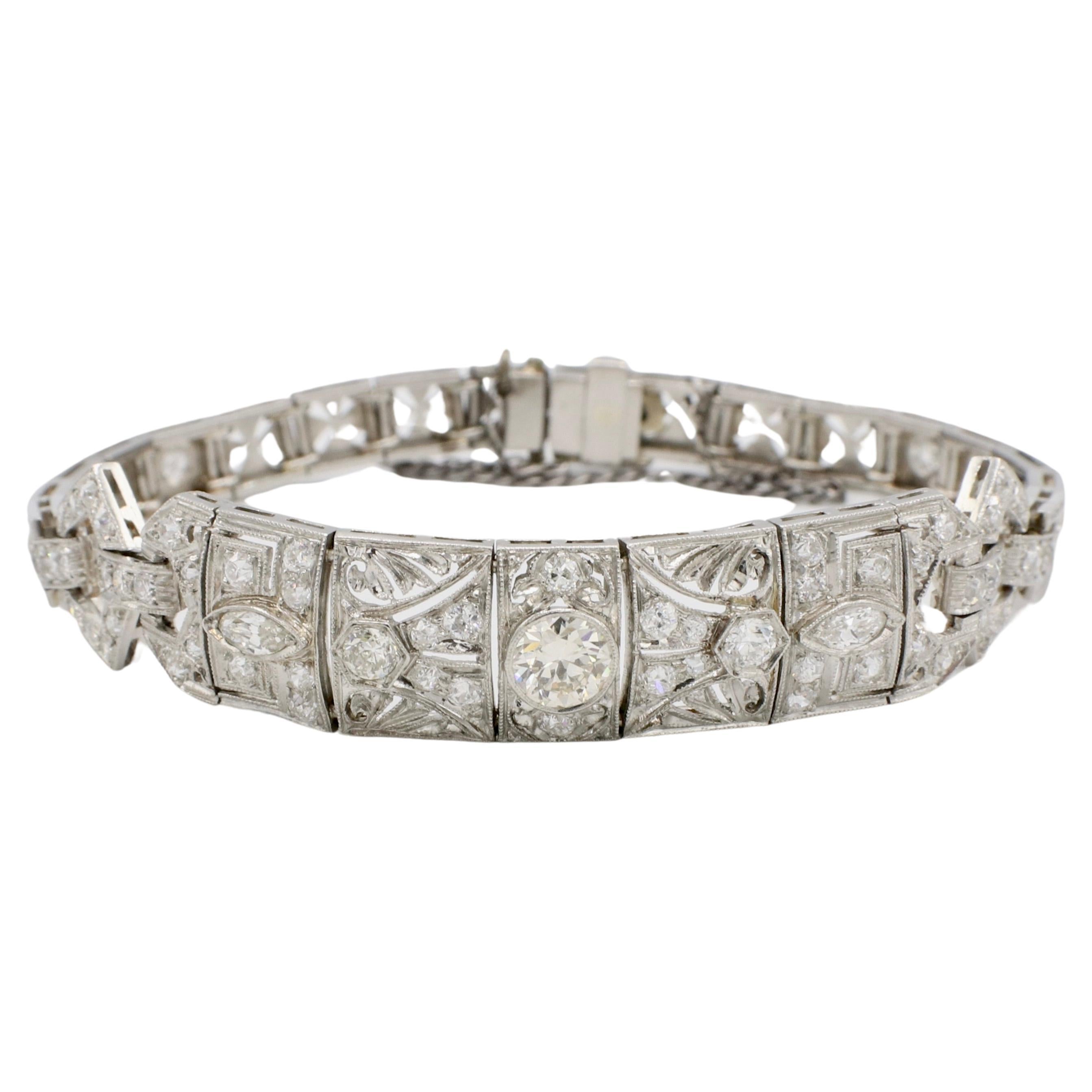 Art Deco Platinum 2.50 Carat Old European Cut Natural Diamond Bracelet  For Sale