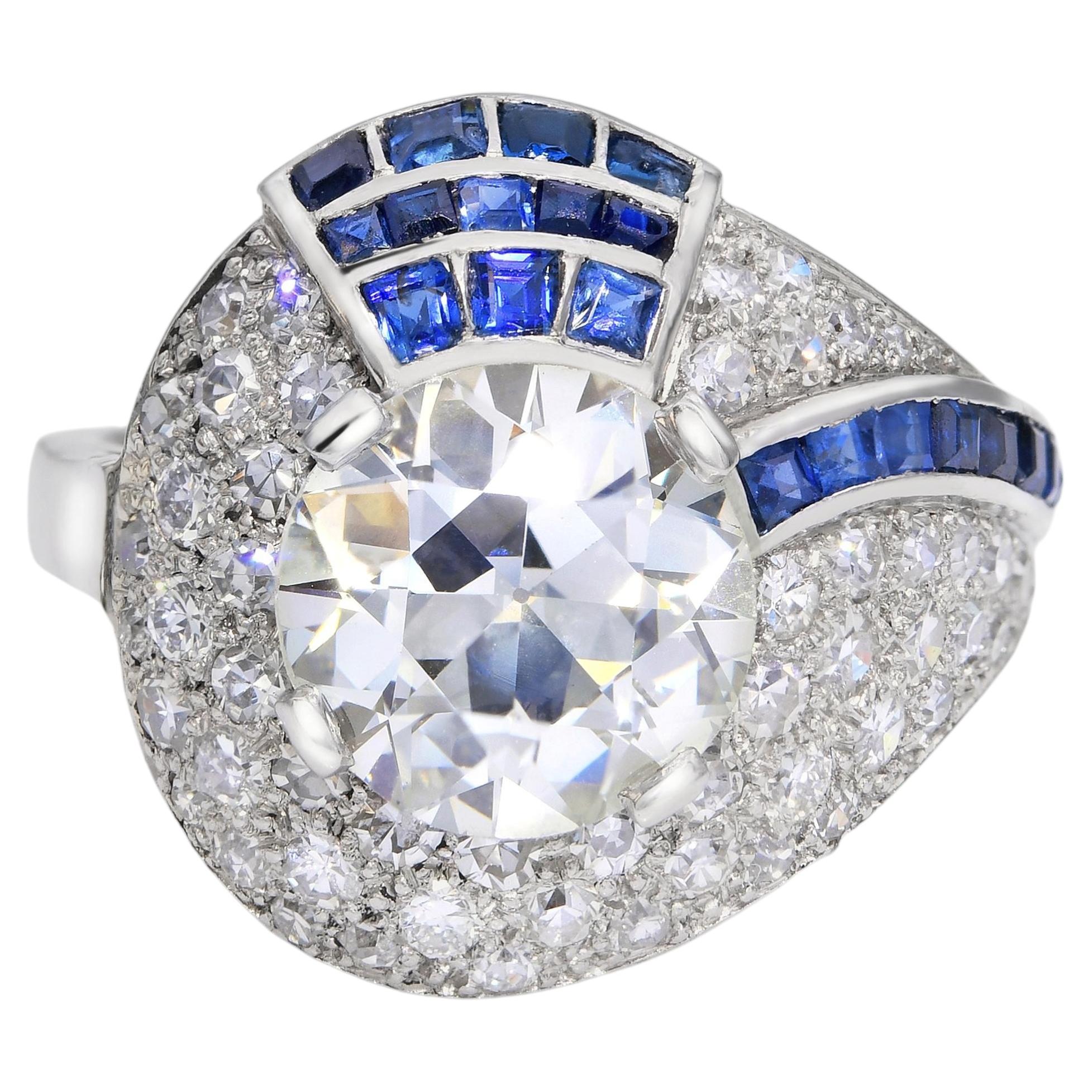 Anello da cocktail in platino Art Deco con diamanti e zaffiri 2,68ct VS1 GIA in vendita