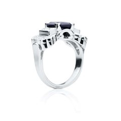 Art Deco Platinum 2.82 Carat Emerald Cut Blue Sapphire and Diamond Ring