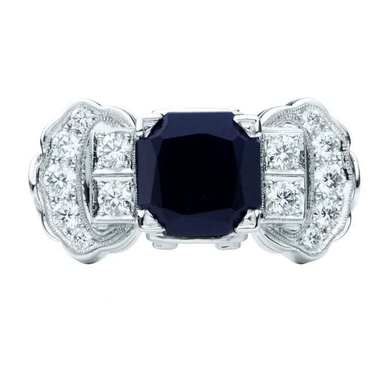 Art Deco Platinum 2.82 Carat Emerald Cut Blue Sapphire and Diamond Ring For Sale