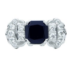 Art Deco Platinum 2.82 Carat Emerald Cut Blue Sapphire and Diamond Ring