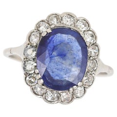 Art Deco Platin 2,8 Karat ovaler Saphir 1,5 Karat Diamantring mit altem Minenschliff um 1920