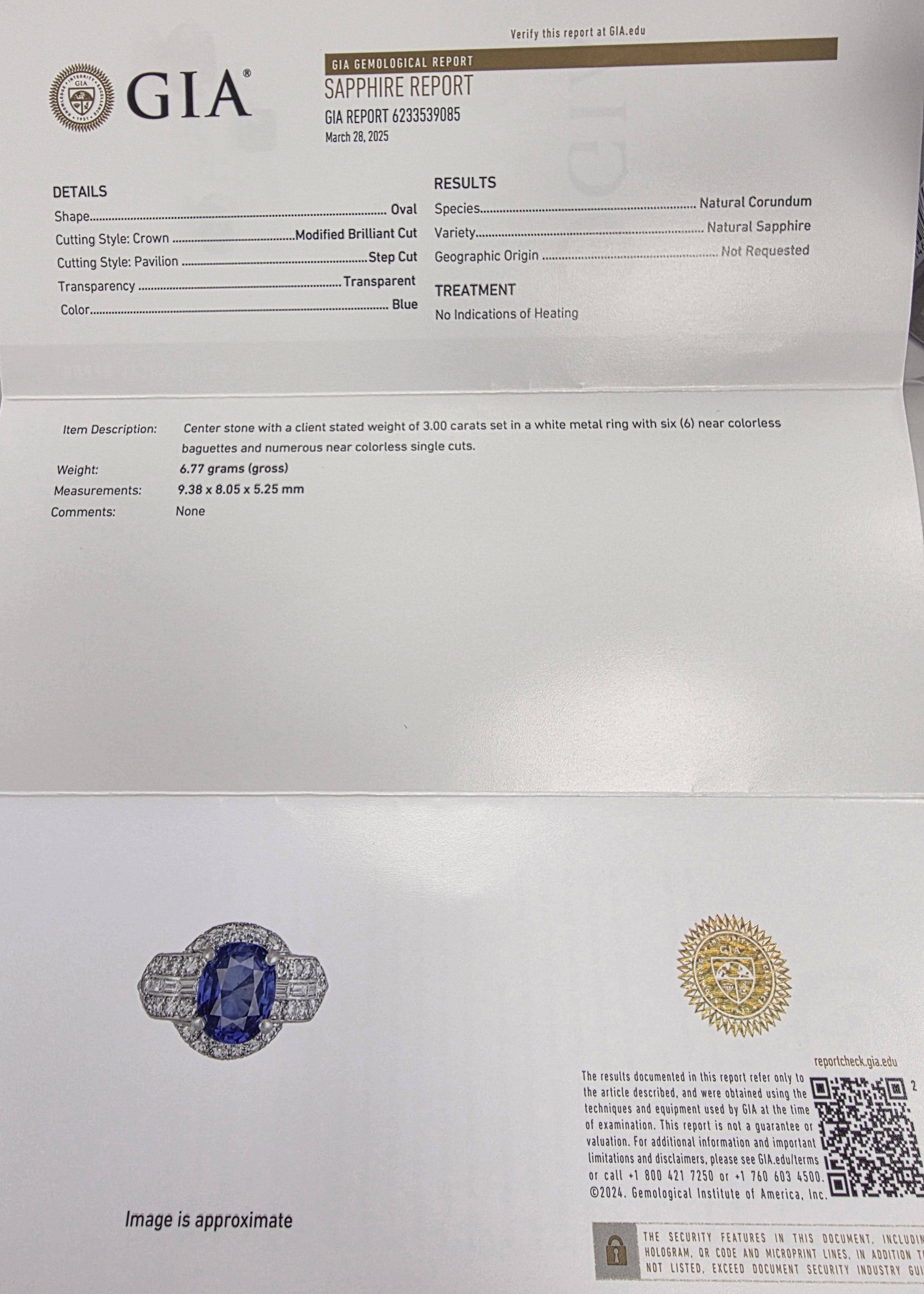 De las mujeres Art Decó Platino 3 Quilates Sin Calor Zafiro Azul Ovalado  Anillo de diamantes GIA en venta