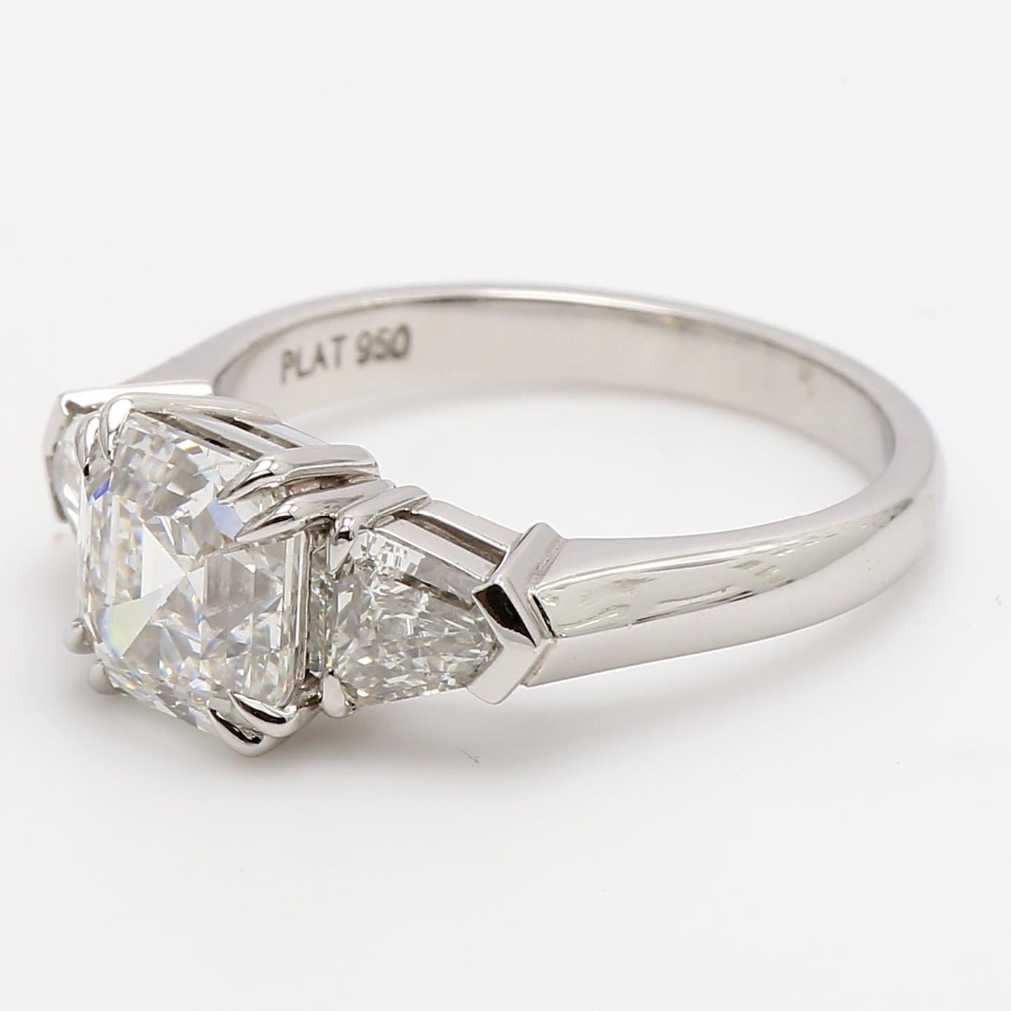 Modern Platinum 3-Stone Diamond Engagement Ring Asscher Cut Diamond For Sale