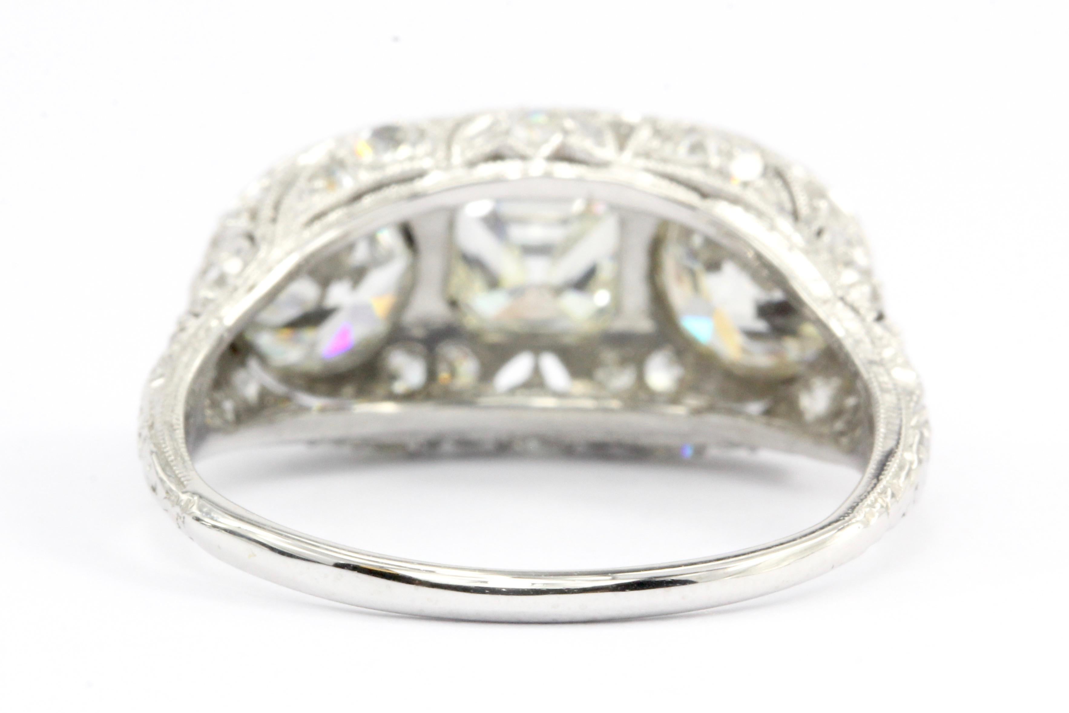 Asscher Cut Art Deco Platinum 3-Stone Diamond Engagement Ring, circa 1930s