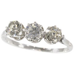 Antique Art Deco Platinum 3-Stone Engagement Inline Ring with Diamonds, 1920s