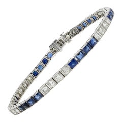 Art Deco Platinum 3.5 Carat French Cut Sapphire and Diamond Tennis Bracelet