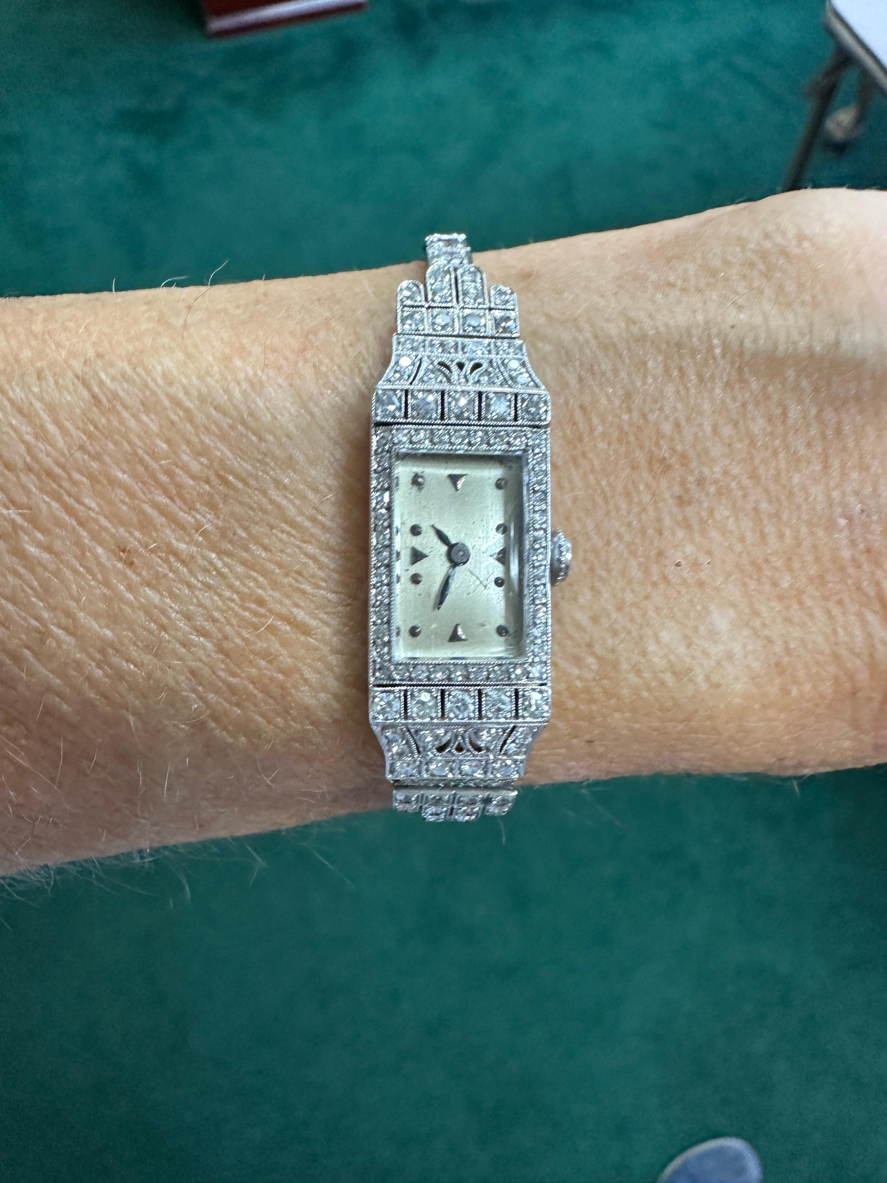 Art Deco Platinum 3.50Ct Diamond Watch VS-F 18-Jewell Manual Wind 5