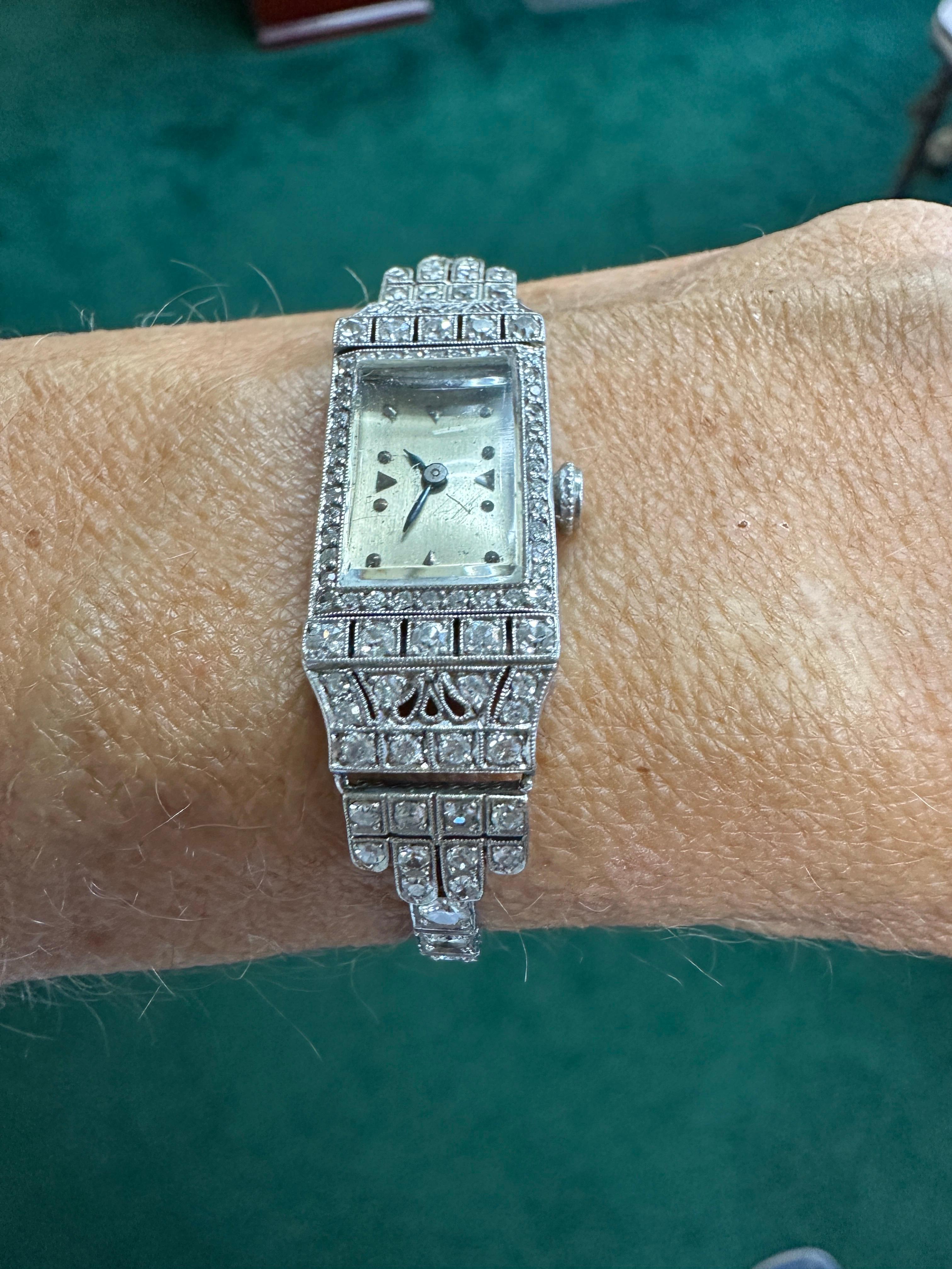 Art Deco Platinum 3.50Ct Diamond Watch VS-F 18-Jewell Manual Wind 7