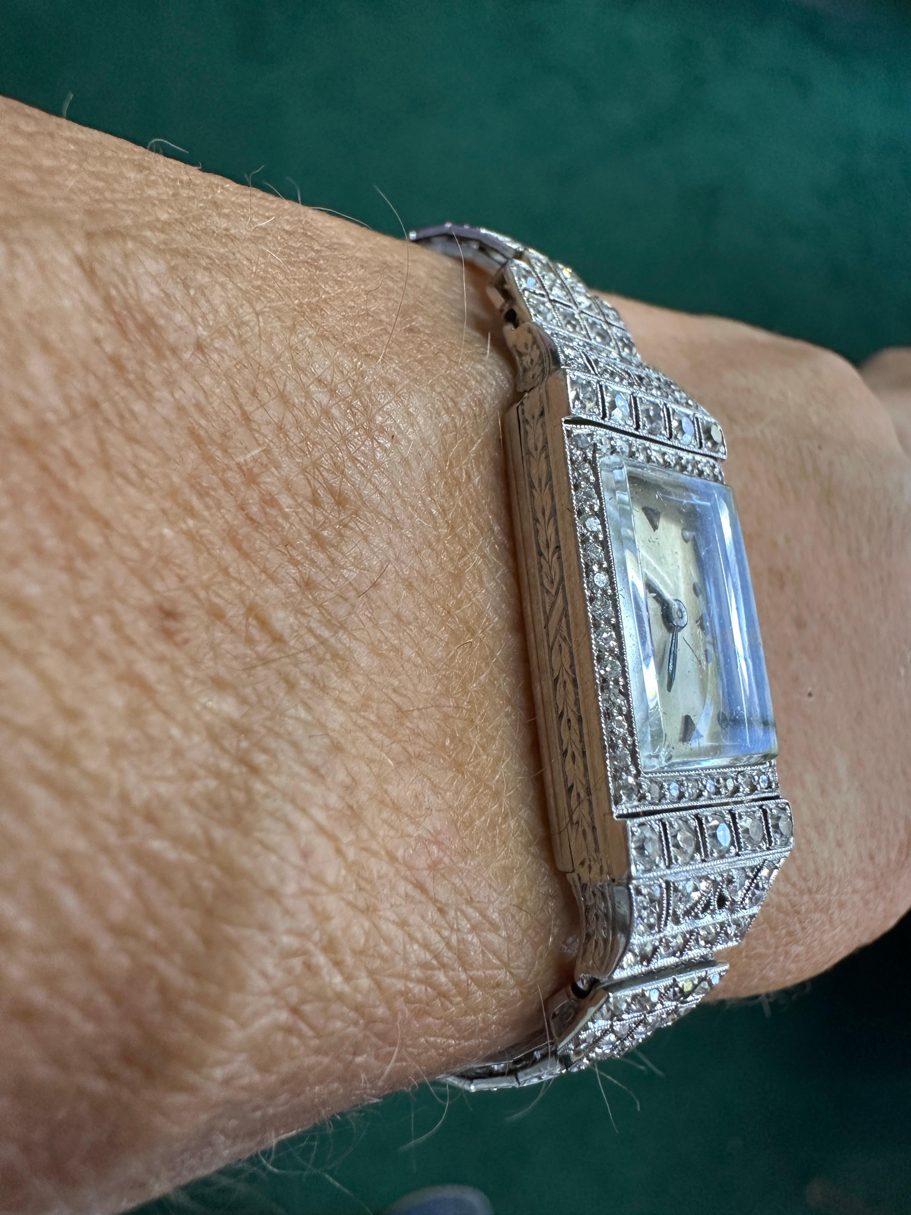 Art Deco Platinum 3.50Ct Diamond Watch VS-F 18-Jewell Manual Wind 12
