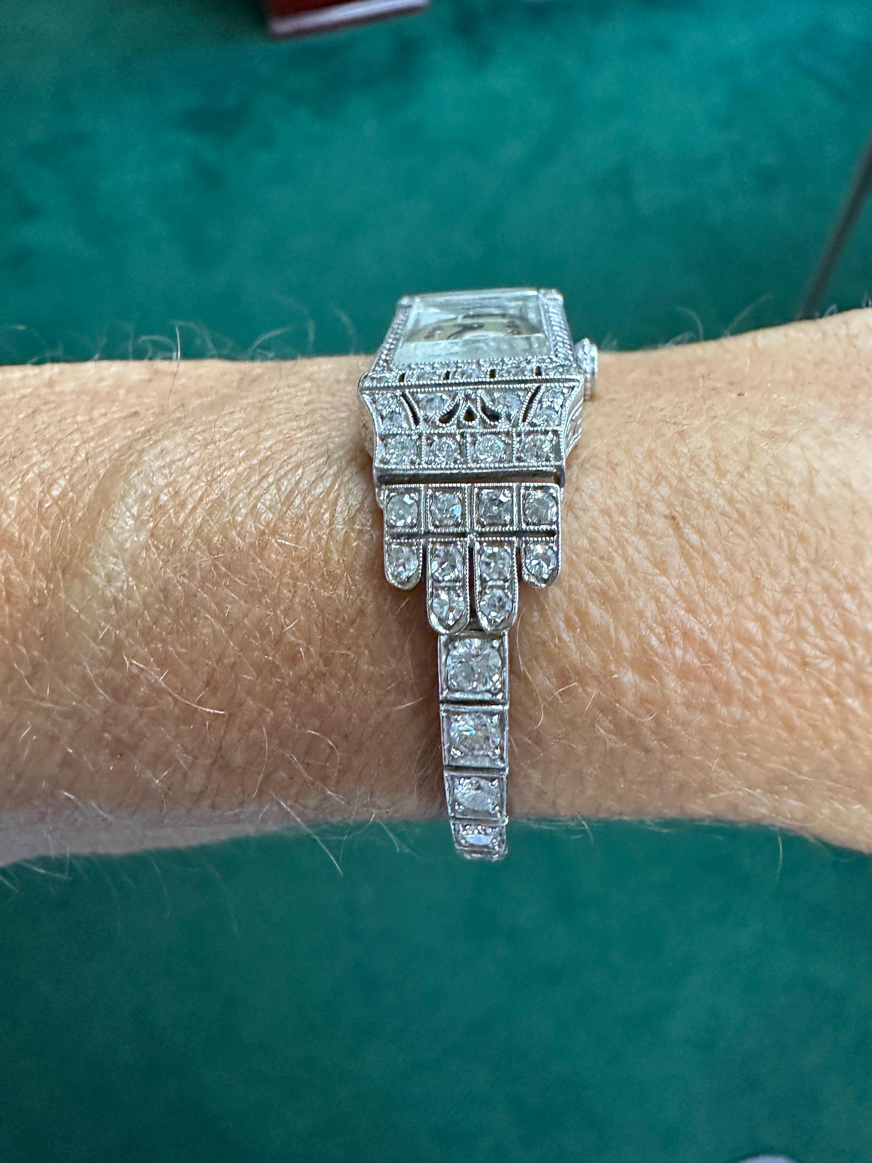 Art Deco Platinum 3.50Ct Diamond Watch VS-F 18-Jewell Manual Wind 3