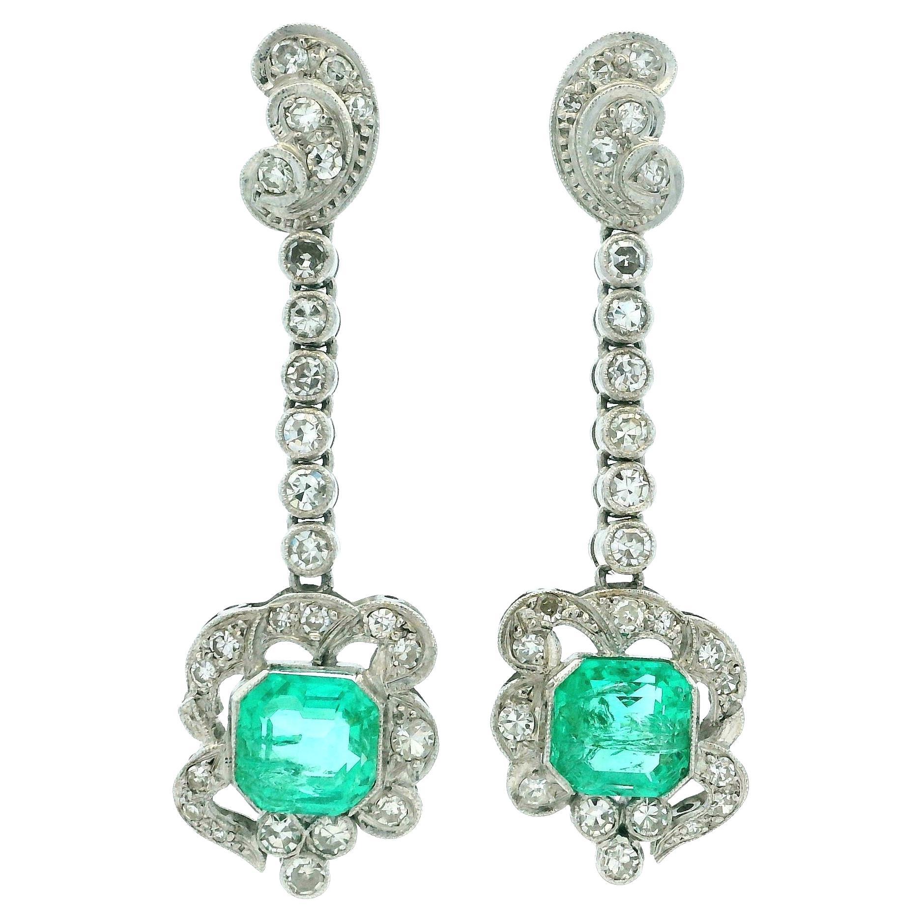 Art Deco Platinum 4 Carat Emerald 4 Carat Diamond Drop Earrings For Sale