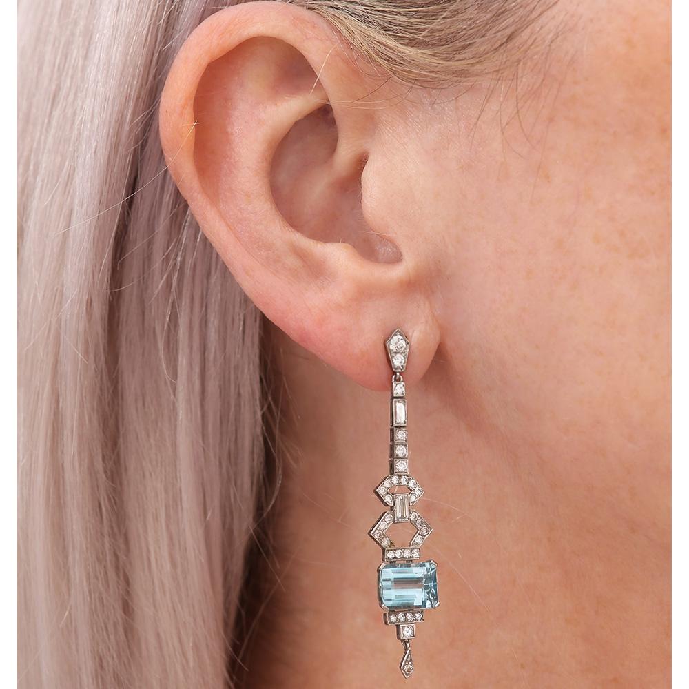 Platinum 4.20ct Aquamarine and 1.30ct Diamond Drop Earrings 6