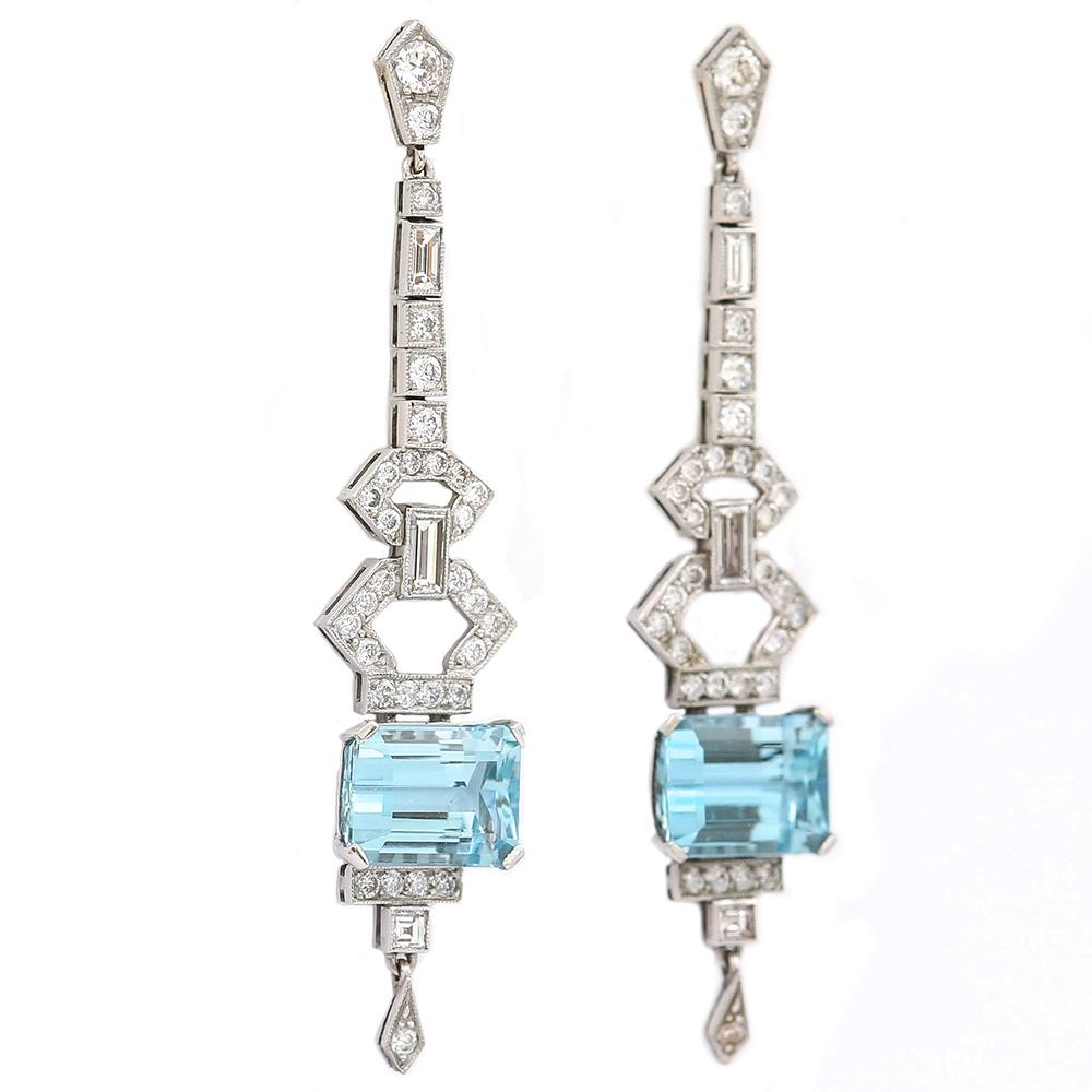 Art Deco Platinum 4.20ct Aquamarine and 1.30ct Diamond Drop Earrings