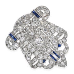 Art Deco Platinum 4.54ctw Diamond and Sapphire Shield Brooch