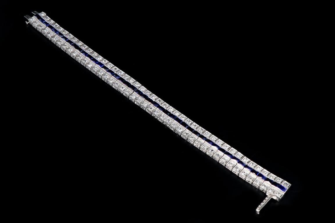 Art deco platinum 4ctw old european cut diamond sapphire bracelet

Era: Art Deco
Composition: Platinum
Hallmarks: None
Primary stone: Old european cut diamonds
Diamond Total carat weight: Approximately 4 carats
Color/ Clarity: G-H / VS2-SI2
Accent
