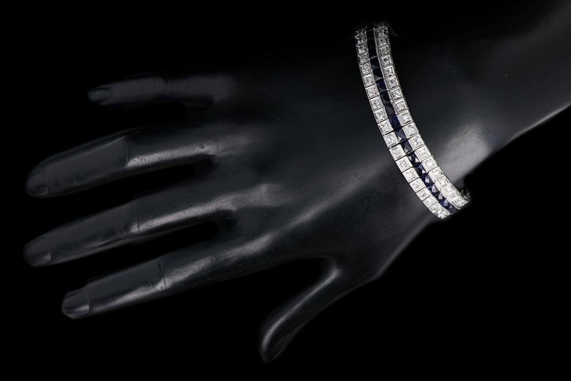 Art Deco Platinum 4CTW Old European Cut Diamond Sapphire Bracelet In Excellent Condition In Cape May, NJ