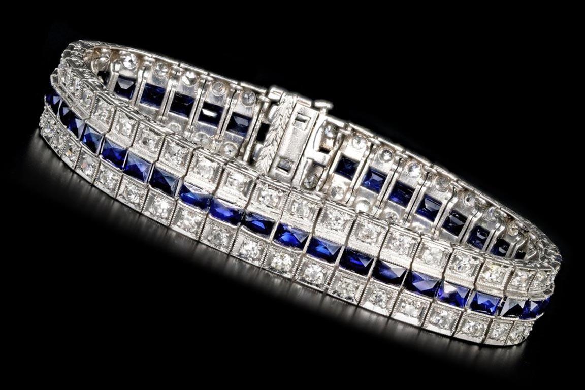 Women's Art Deco Platinum 4CTW Old European Cut Diamond Sapphire Bracelet
