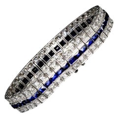 Antique Art Deco Platinum 4CTW Old European Cut Diamond Sapphire Bracelet