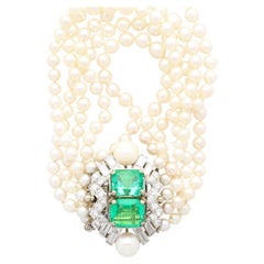 Art Deco Platinum 5-Row Pearl Bracelet with 8 Ctw in Emeralds and Diamonds