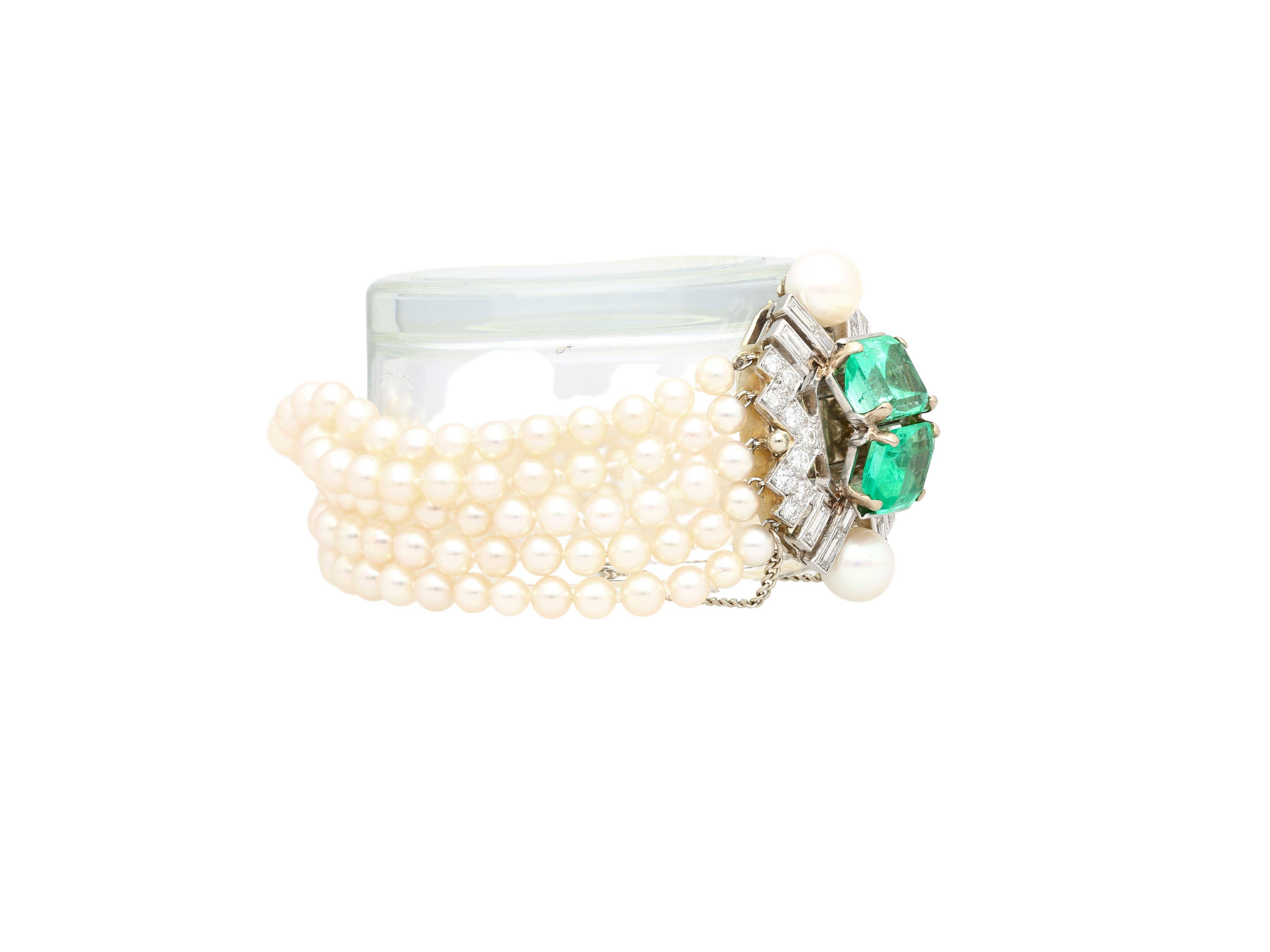 Emerald Cut Art Deco Platinum 5-Row Pearl Bracelet with 8 Ctw in Emeralds and Diamonds For Sale