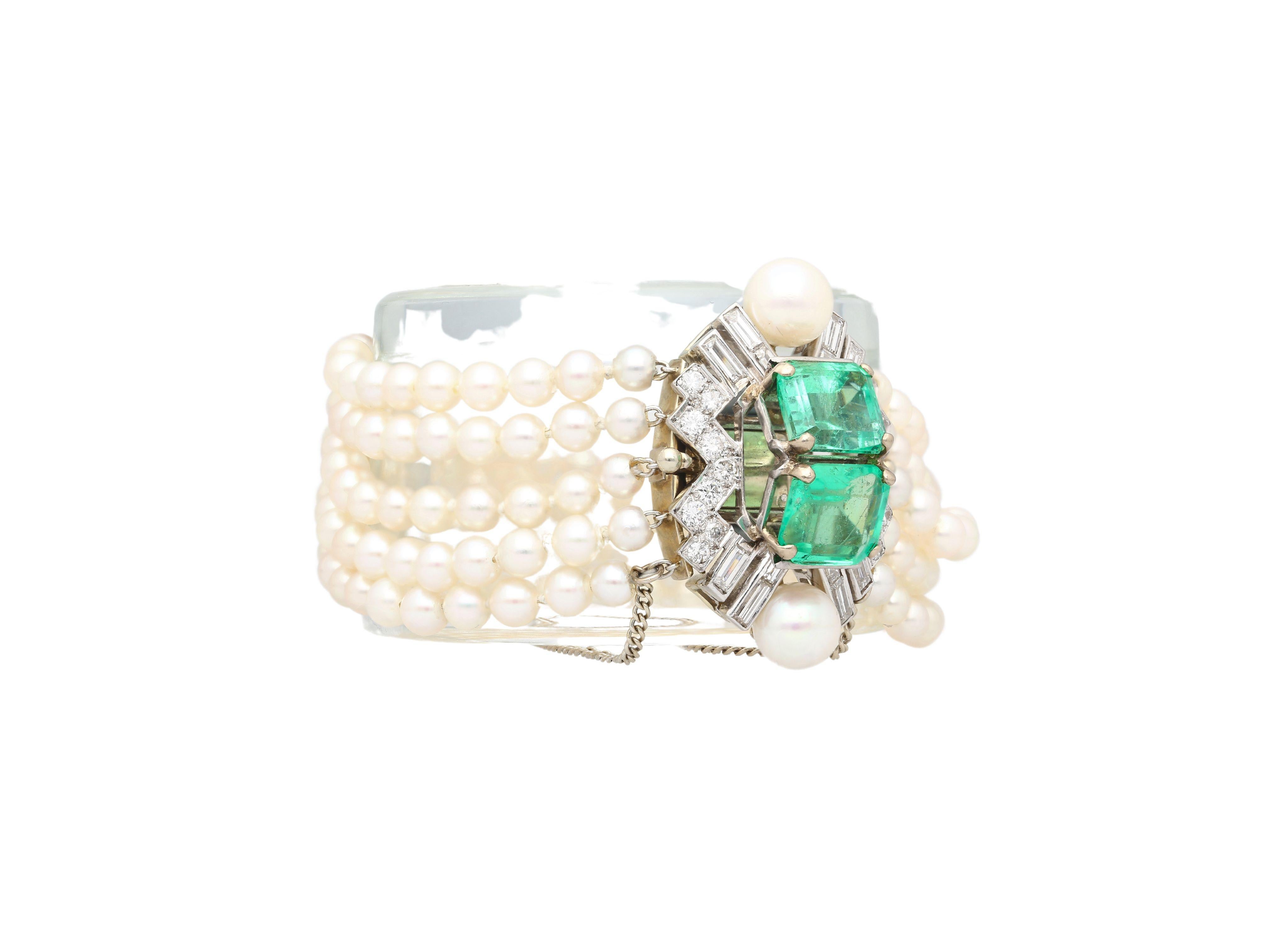 Women's Art Deco Platinum 5-Row Pearl Bracelet with 8 Ctw in Emeralds and Diamonds For Sale
