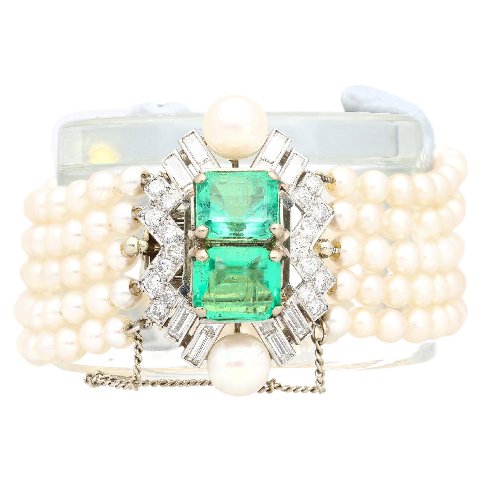 Art Deco Platinum 5-Row Pearl Bracelet with 8 Ctw in Emeralds and Diamonds For Sale